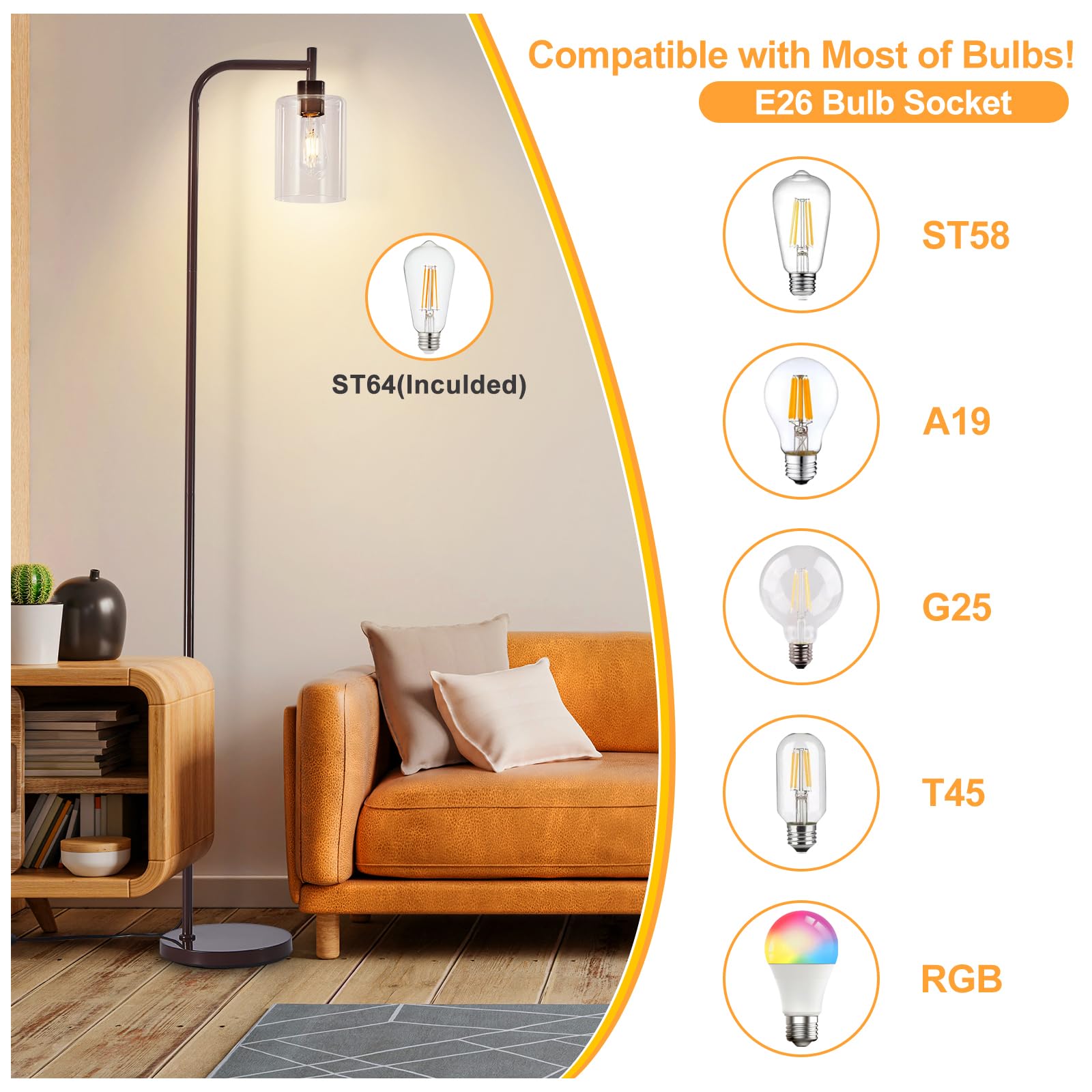 DINGLILIGHTING Floor Lamp - Modern Brown Metal Standing Lamp with Clear Glass Shade - Model WSFLL005-BR