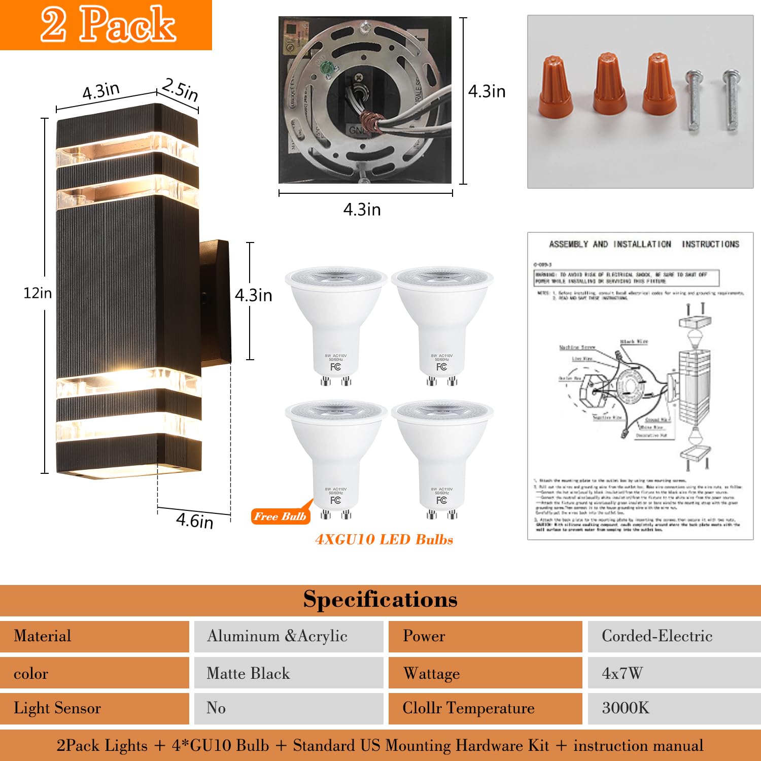 Zsmaiku Modern Outdoor Wall Light 3000K Led, Waterproof Aluminum, 2-Pack Up/Down Lighting