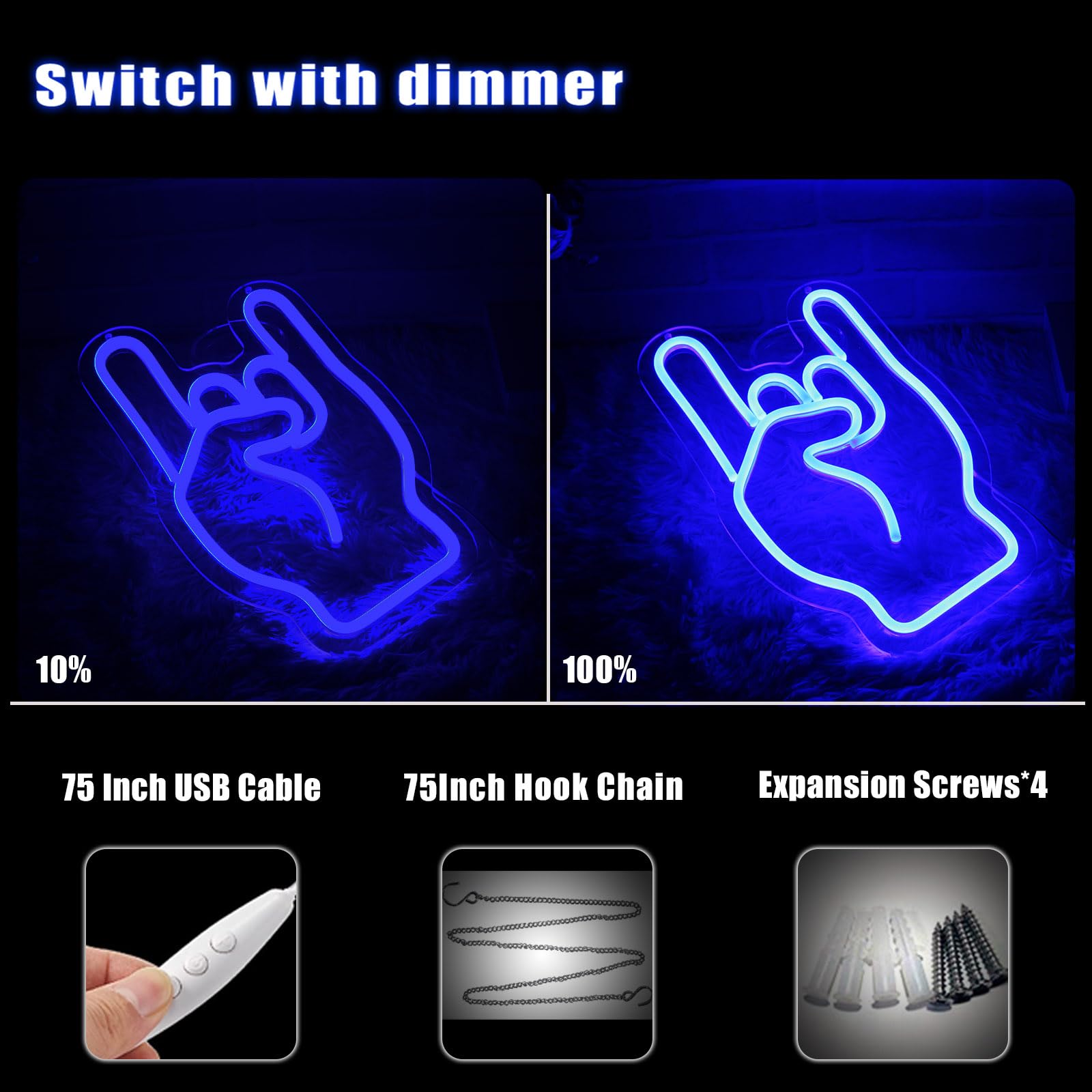 LeDigPig Rock on Hand Neon Sign LED Wall Decor Dimmable 14inx8.4in Acrylic Blue Stary-Rock on Hand for Bar Restaurant Music Concert