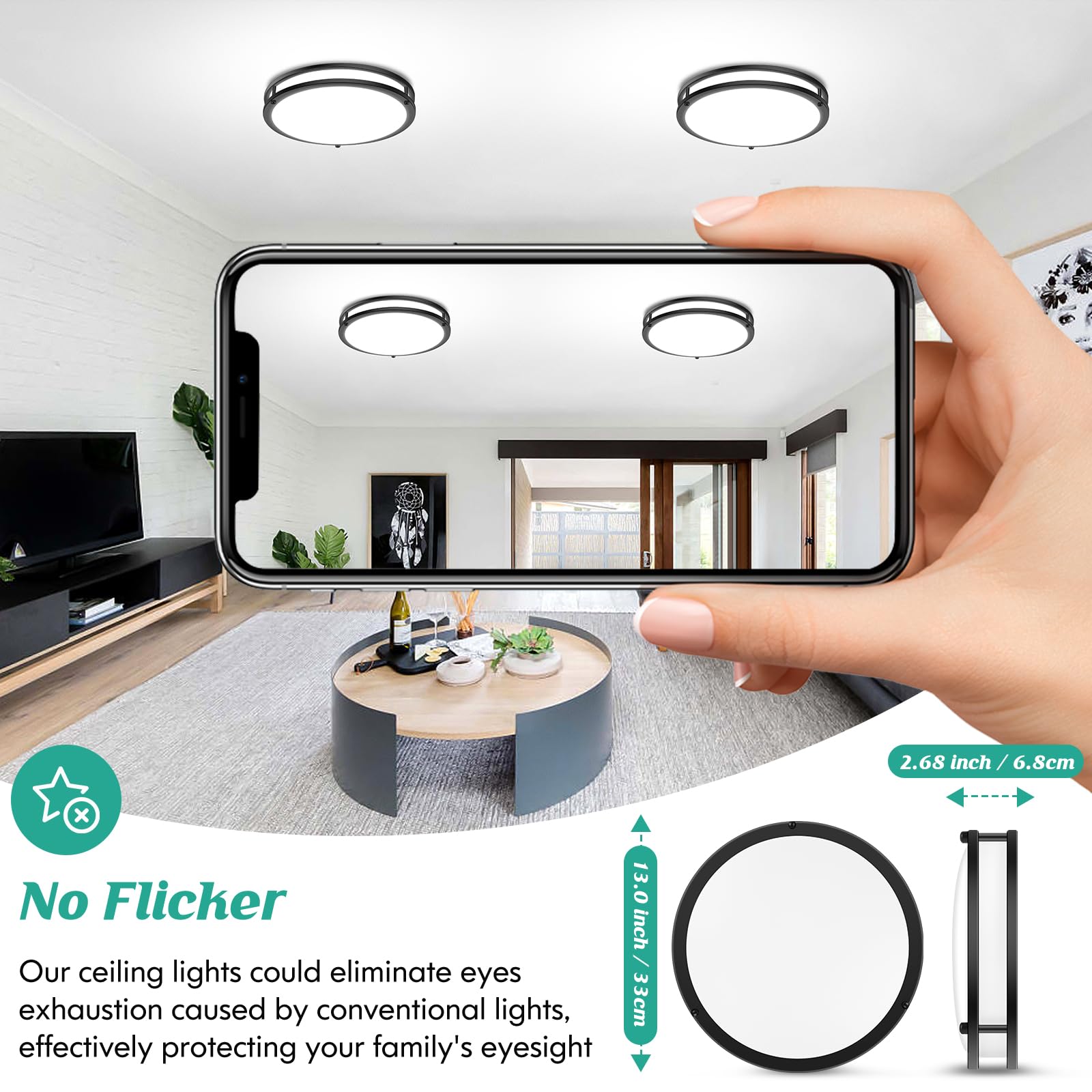 Led Black Ceiling Light Fixture, 36W 4400Lm Flush Mount, Dimmable 5Cct 2700K-6500K, 13 Inch Super Bright Modern Bedroom Ceiling