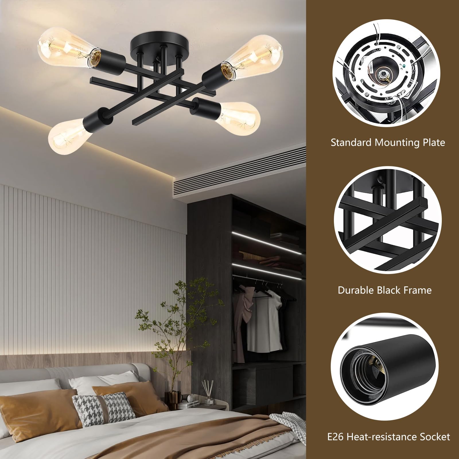 Maichixin 4-Light Black Ceiling Light Fixture, Metal Semi Flush Mount, Modern Design for Dining Room and Bedroom