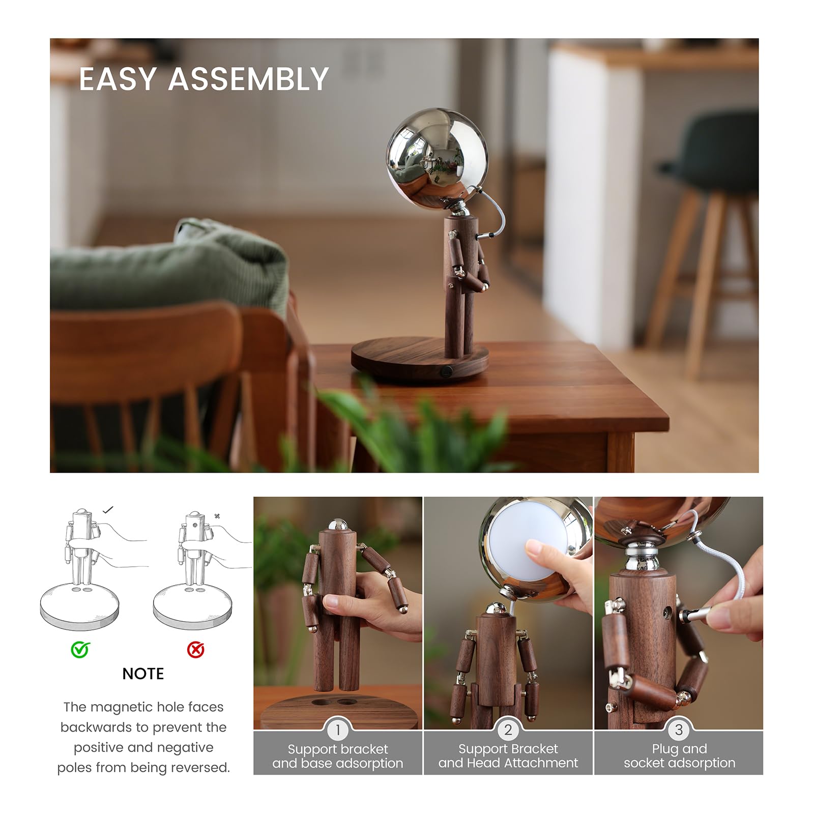 Vadifula Cordless Table Lamp  Rechargeable Wooden Table Lamp With Touch Control & Adjustable Brightness  Cordless Decorative Bedside Lamp For Bedroom  Home Decor & Unique Gifts  Black Walnut