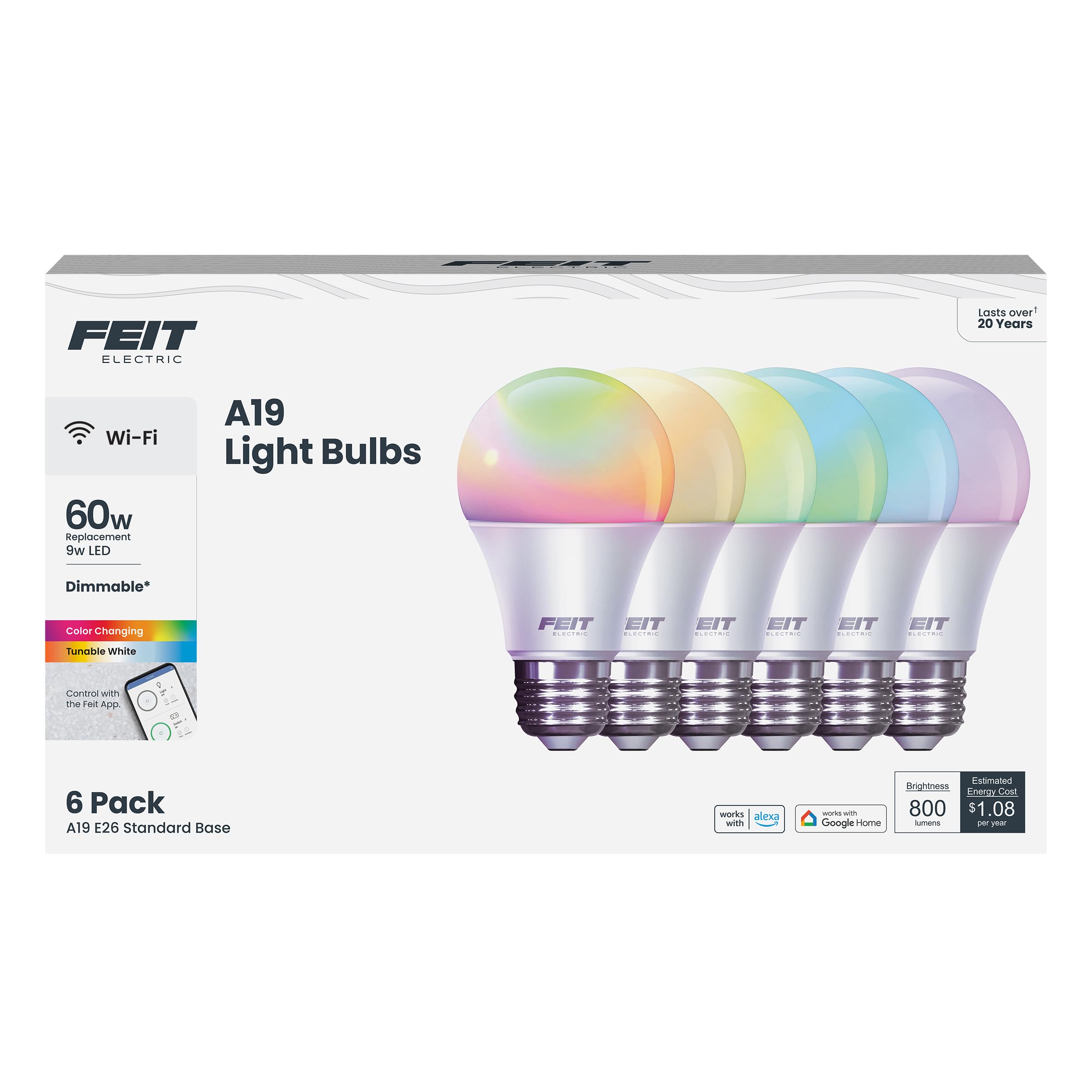 Feit Electric A19 Smart Led Light Bulb, 60W Equivalent, Dimmable, Rgbw Color Changing, Alexa & Google Home Compatible, 2.4Ghz Wi