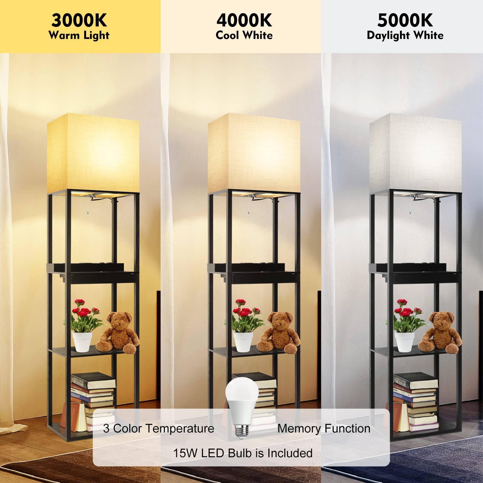 Runtop Plus Charging Station Floor Lamp With Wireless Charger, 2 Usb-C Port, 2 Power Outlet, Floor Lamp With Shelves, 15W Led Bu