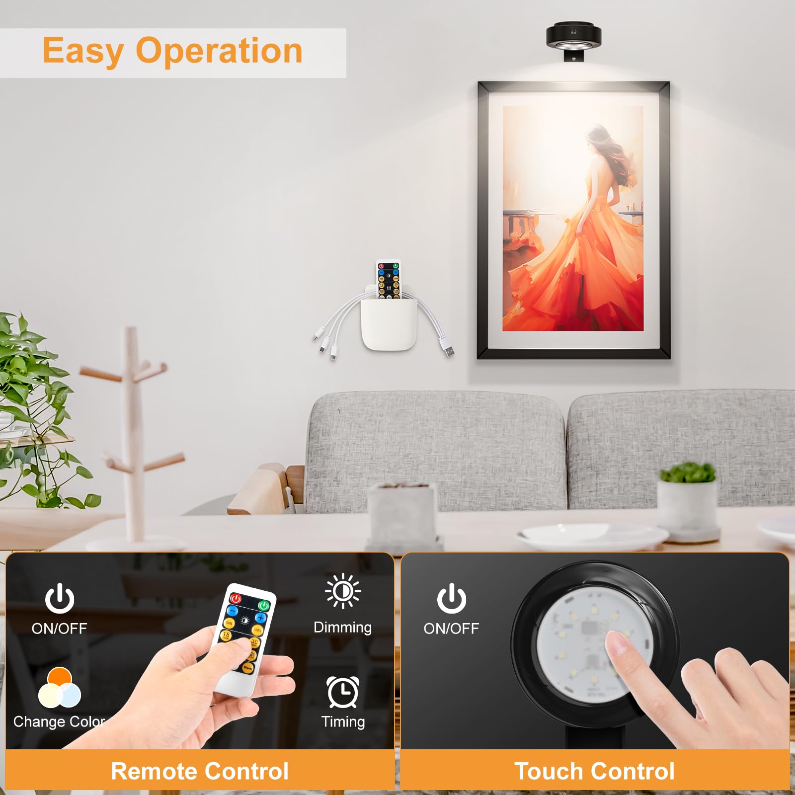 nulmvic Rechargeable LED Picture Light - 3 Pack, Remote Control, Wireless Art Light, Black, Model T078