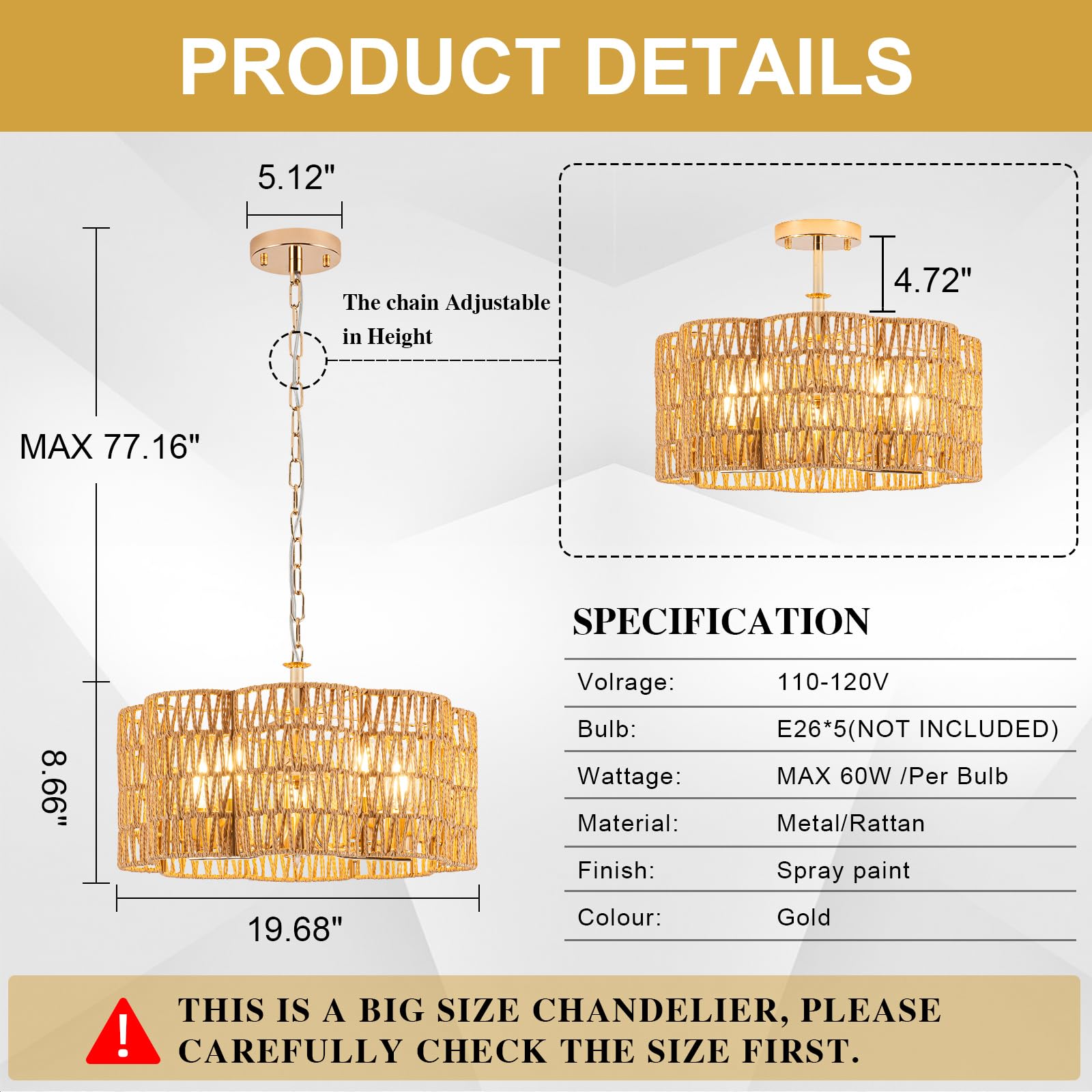 Tbaoinla 5-Light 19.6'' Convertible Rattan Chandelier - Flush Mount/Pendant Farmhouse Ceiling Light For Dining Room, Adjustable