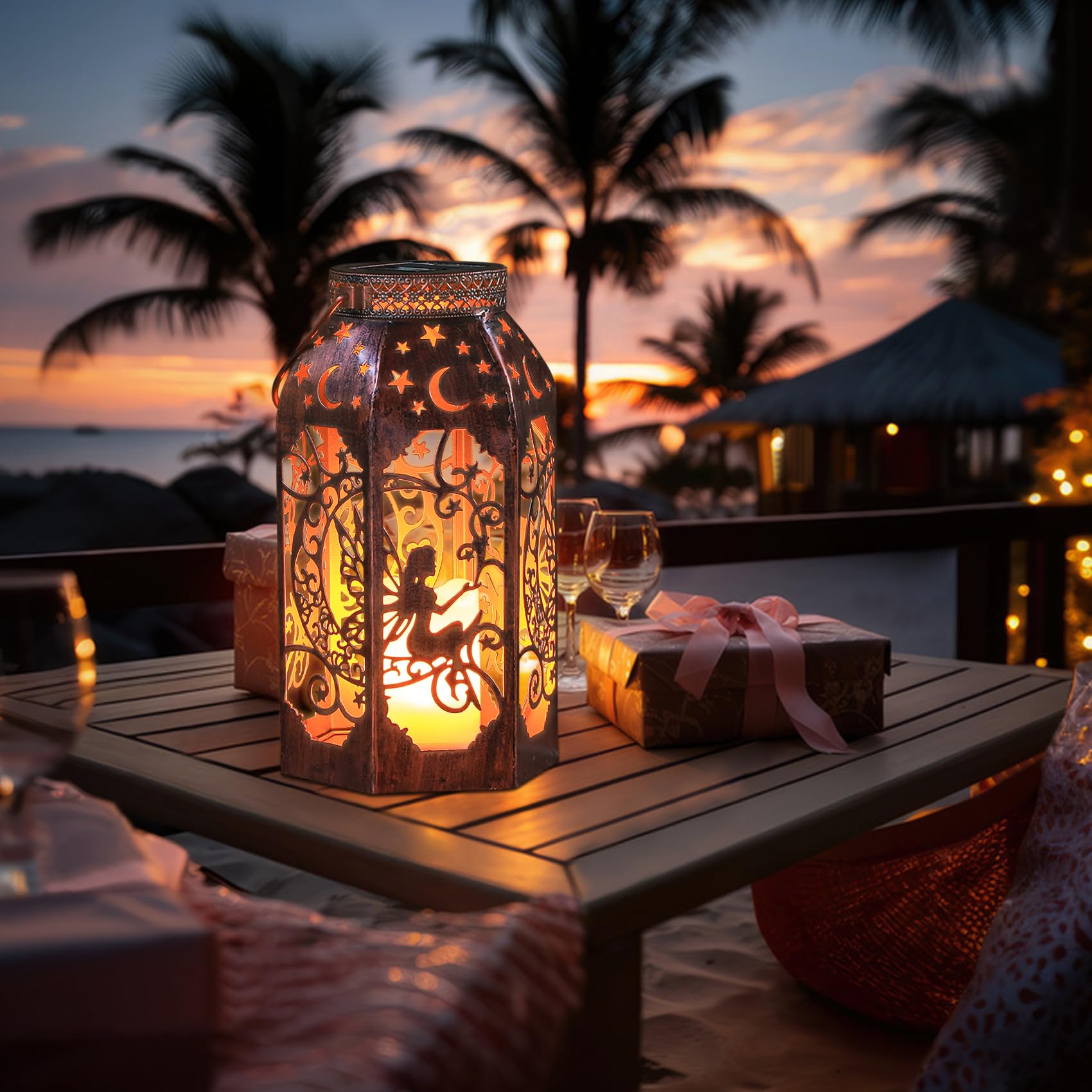 Singingarden Solar Lanterns Outdoor Hanging Metal Bronze Moon Fairy Lantern, 1 Pack Waterproof Flickering Flameless Candle Mission Lights For Table,Pathway,Garden Gifts For Women, Mothers' Day Gift