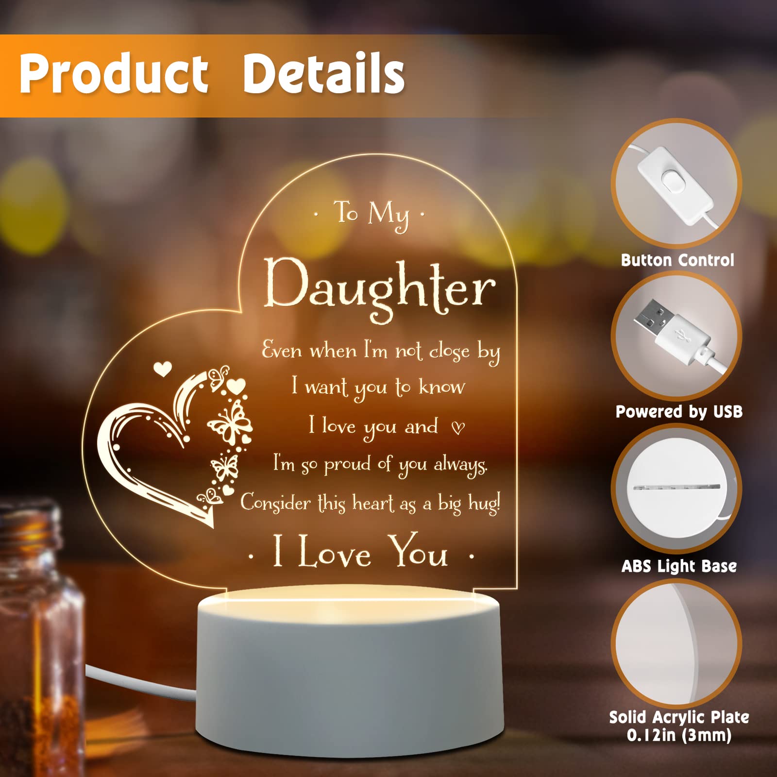 Afterprints Daughter Gifts - To My Daughter Engraved Night Light, Daughter Gifts From Mom Dad, Gift For Daughter On Birthday, Gr