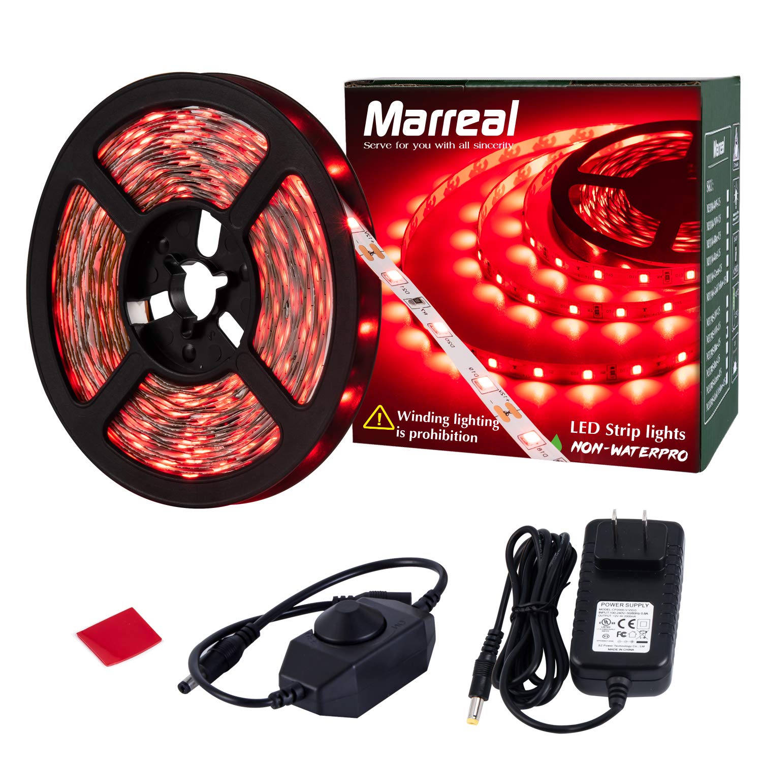 Marreal 20ft 12V 360 LED Red Band Light  Flexible Cuttable Non-Waterproof for Indoor Party Decoration  with Power Supply & Dimmer.