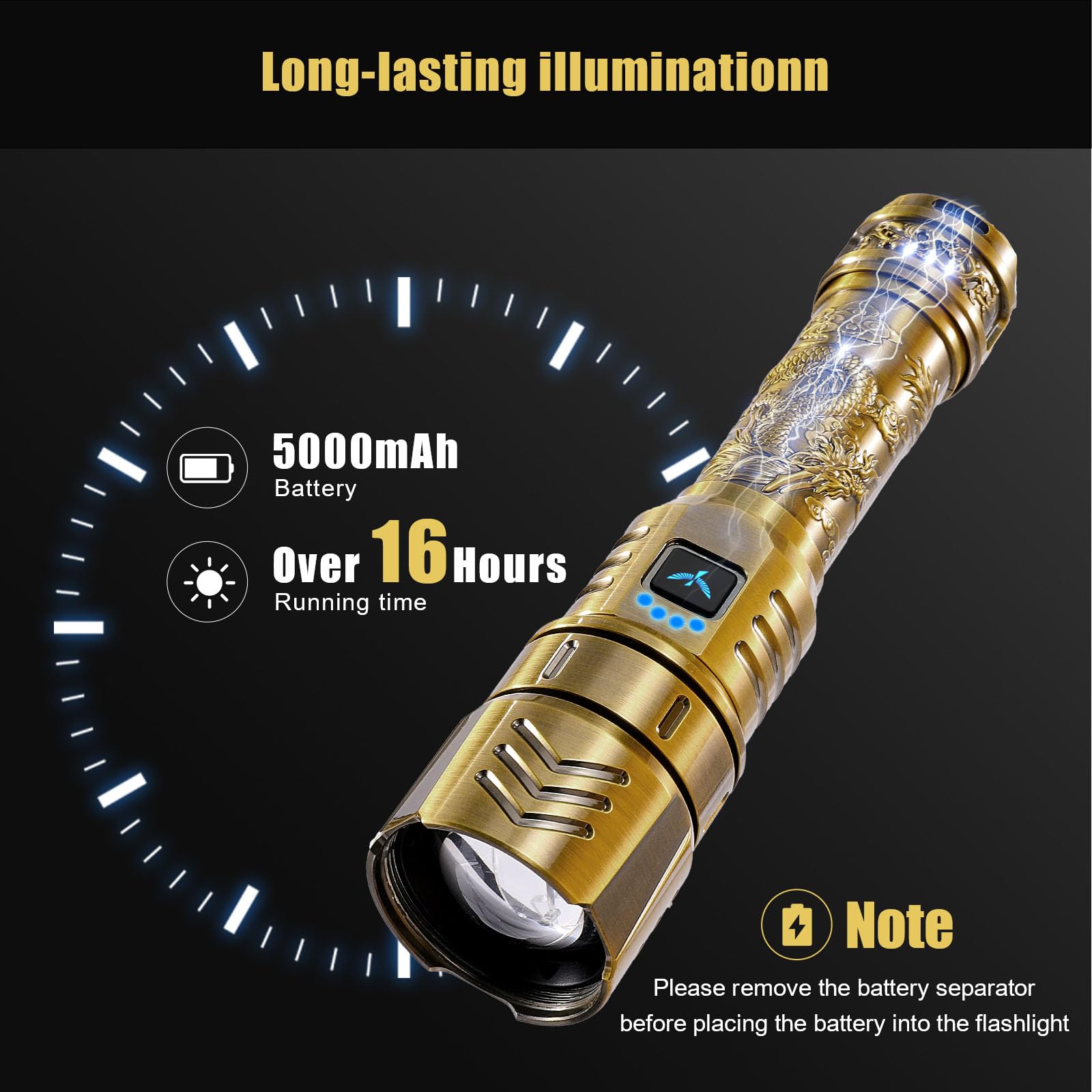 SKYFIRE Rechargeable Flashlight 3000lm Super Bright, Waterproof, Zoomable, Aluminum Alloy, Model SF-1097-Gold