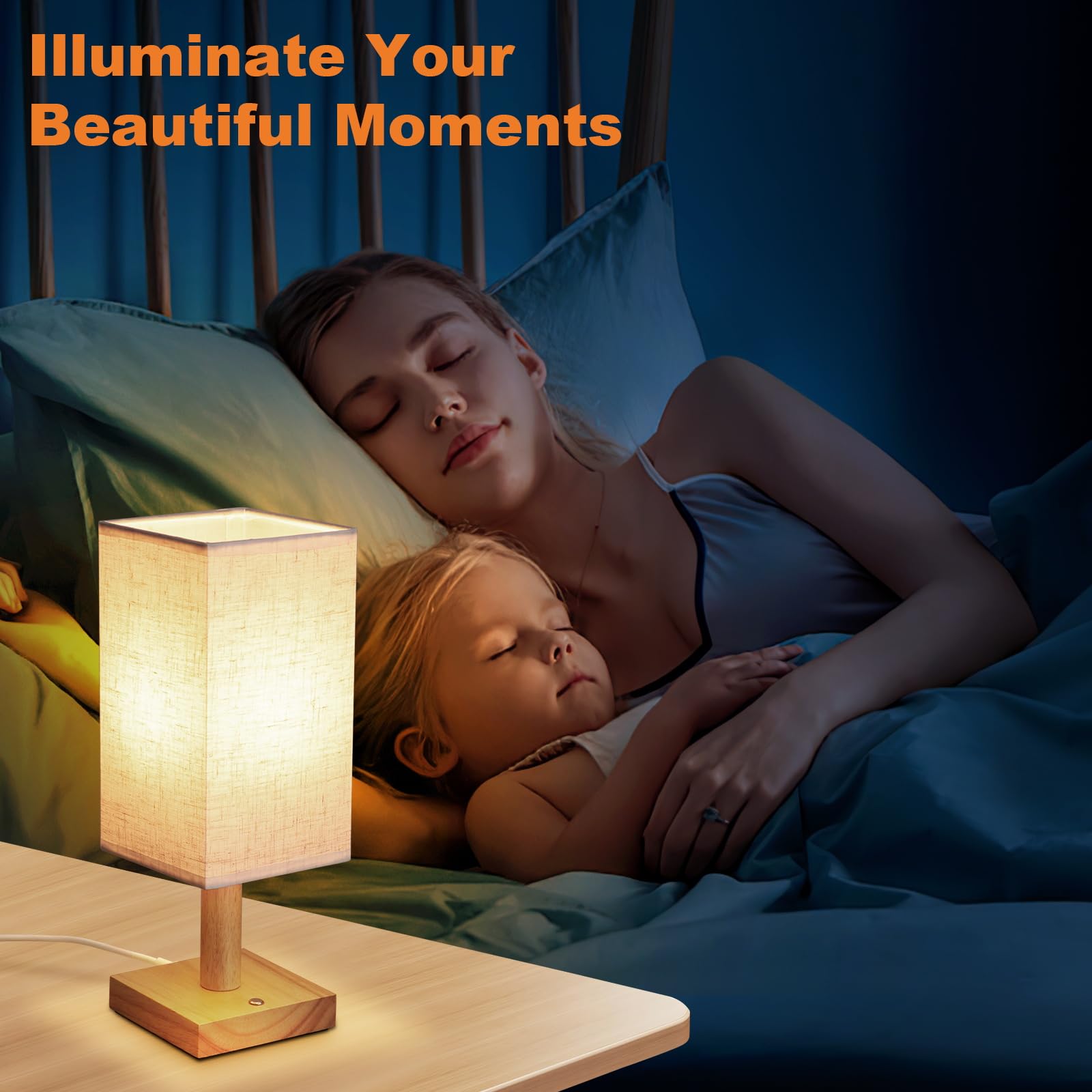 Uchenton Small Corded Touch Square Table Lamp With Stepless Dimming, Natural Wood Base & Linen Fabric Shade, 5W Ambient Night Li