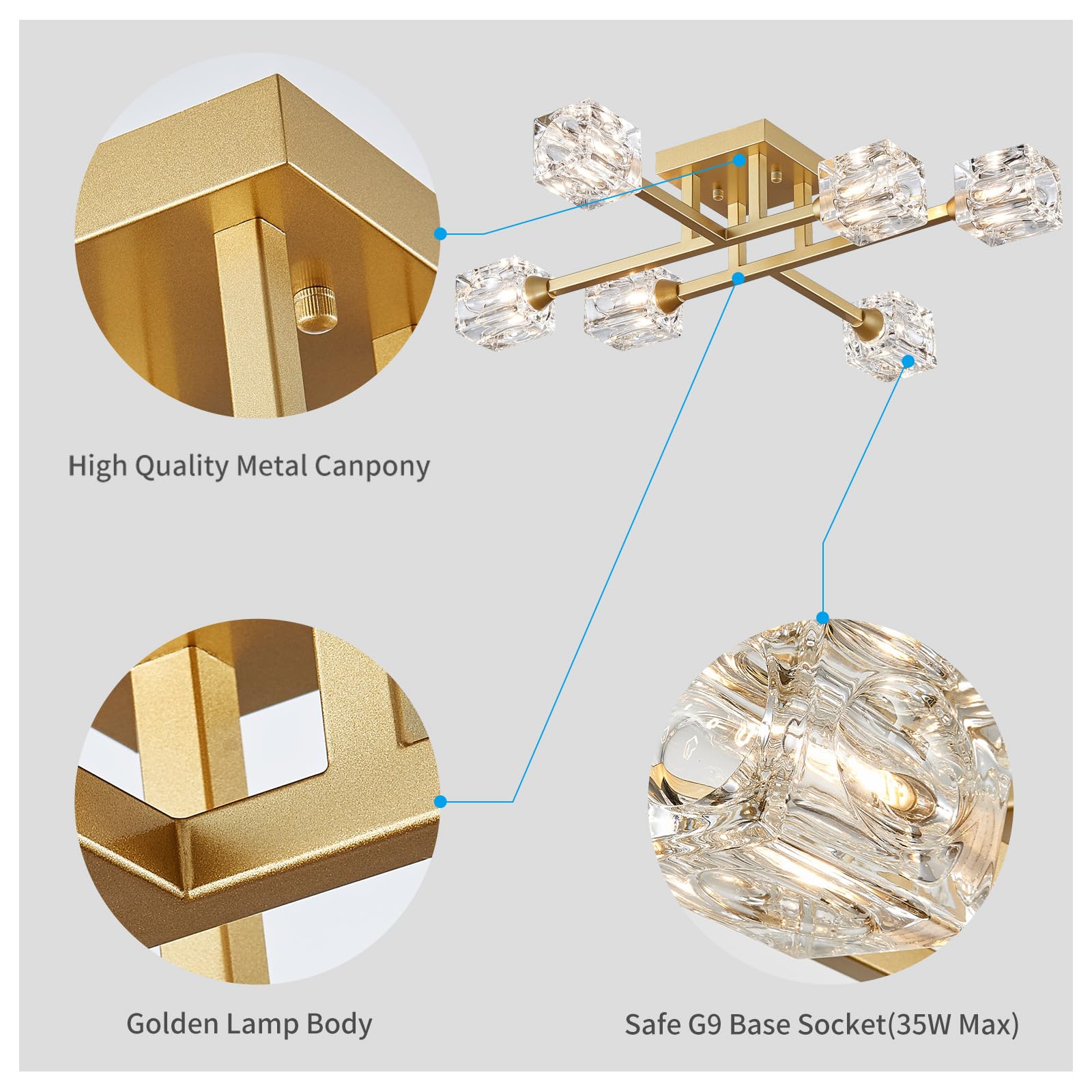 Xingqi Modern Ceiling Light Sputnik 6-Light Semi Flush Mount Ceiling Light Fixtures, Mid Century Antique Gold Chandeliers For Be