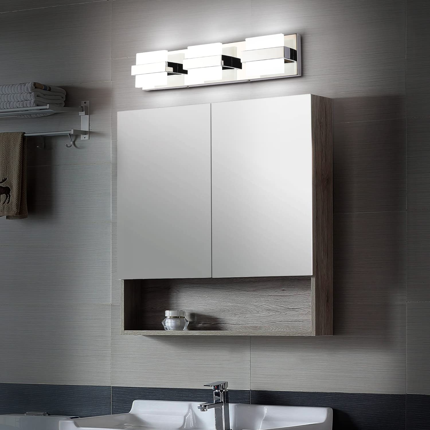 SOLFART LED Bathroom Vanity Light - 3 Lights Chrome Fixture, Acrylic Shade, White Light 6000K, Model 7248-3T-WHL-ND