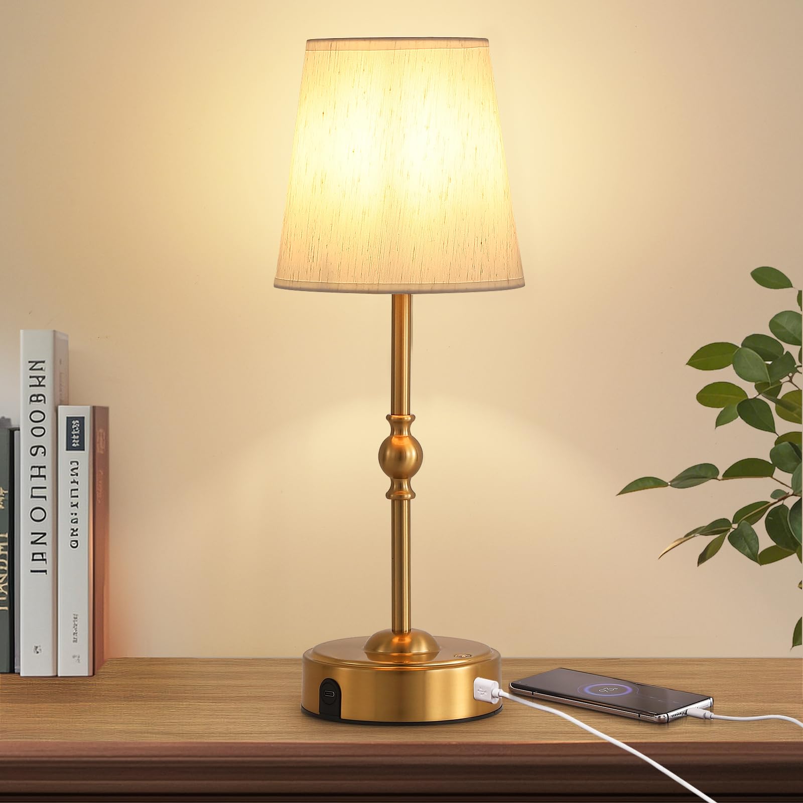 MEIXISUE Cordless Rechargeable LED Table Lamp,Nightstand Lamp,Antique Brass Portables Outdoor Desk Lamp,With10000mAh Battery Dim