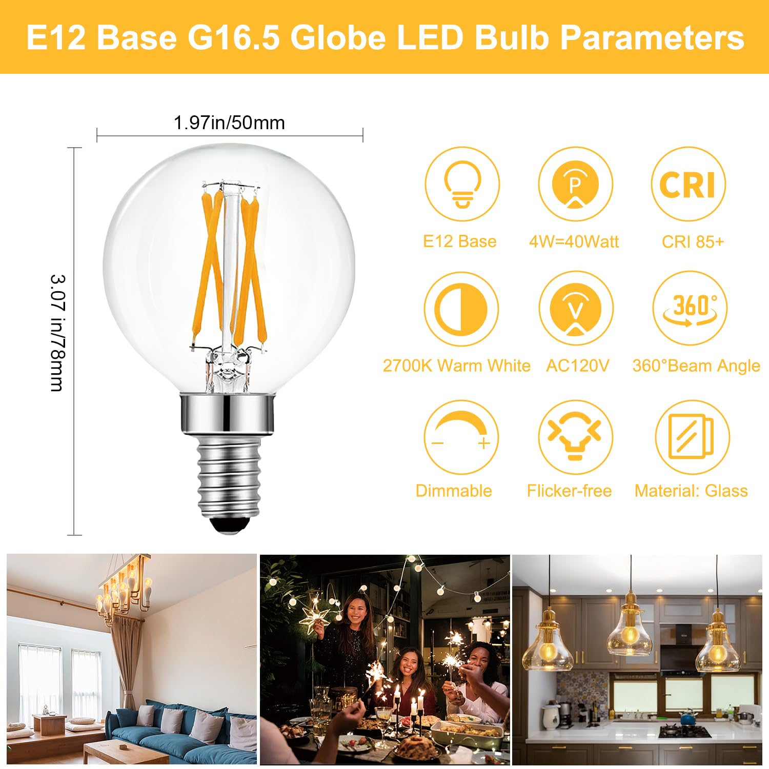 Brimax 10 Pack G16.5 Light Bulbs,Dimmable 4W Led Bulbs,Equal To E12 Candelabra Bulb 40W,Small Globe Bulbs 400Lm, 2700K Warm Whit