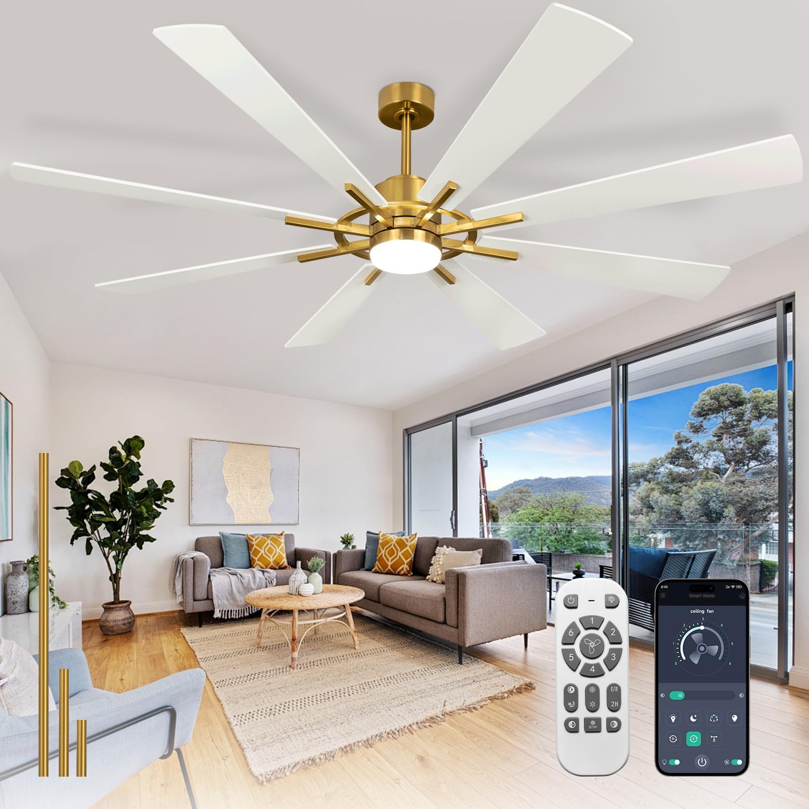 Depuley 72-Inch Ceiling Fan with Light, White and Gold, 8 cutting edges, DC Motor, Remote Control, Model WS-FPZ182-18C-WG-AP