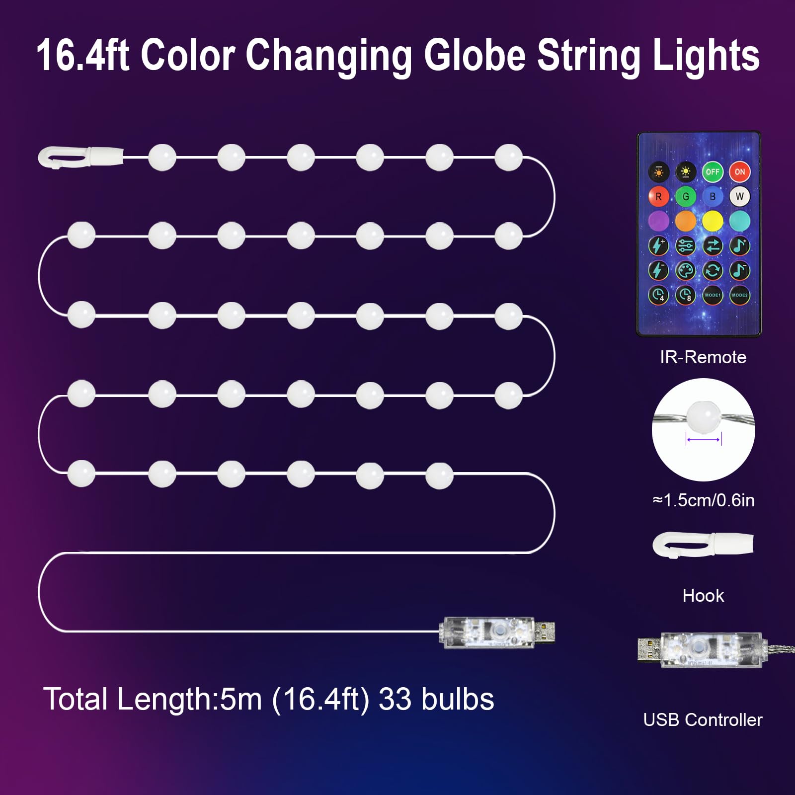 VISDOLL String Lights 16.4FT, 33 LEDs, Smart RGB, Music Sync, Remote & APP Control, Multicolor, USB Powered for Indoor/Outdoor Decor