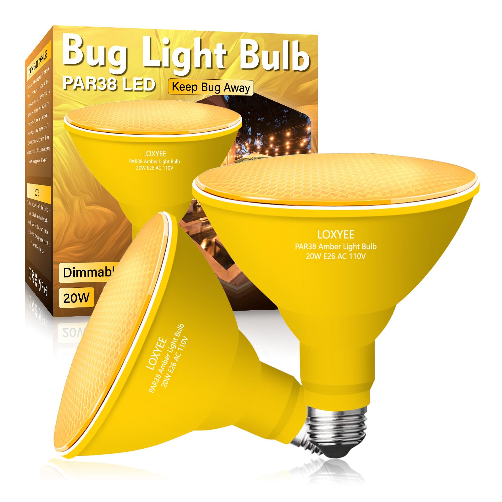 Loxyee Par38 Amber Yellow Led Bug Light Bulbs Outdoor,20W(200W Equivalent) Bug Light For Outside 2000K, E26 Base Flood Light Bul