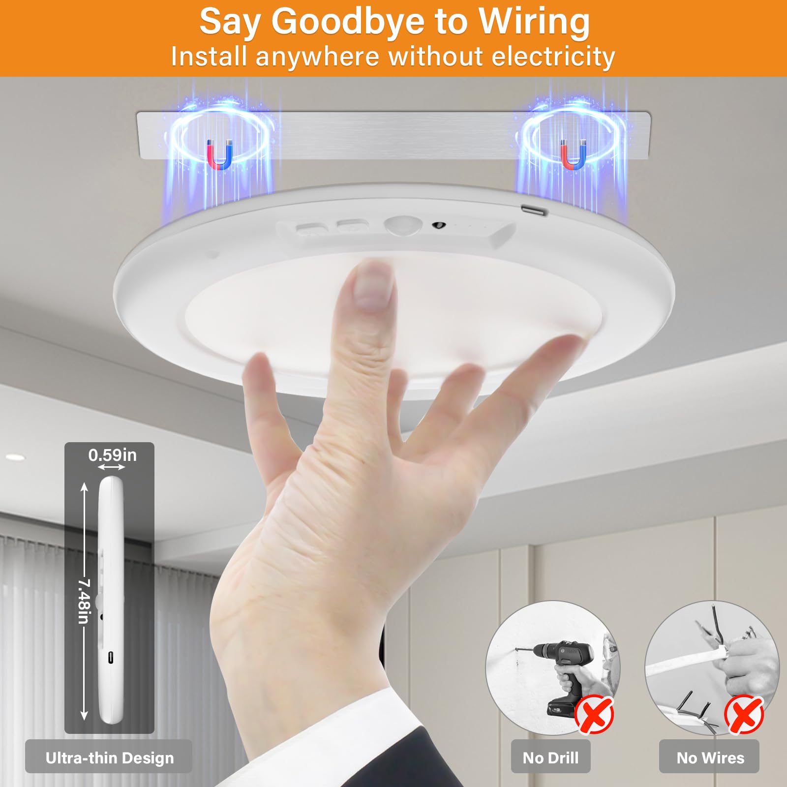 VIIVUU Rechargeable Ceiling Light - Battery Operated, Motion Sensor, Dimmable, Remote Control, White, Model T070-XD, 1P Size