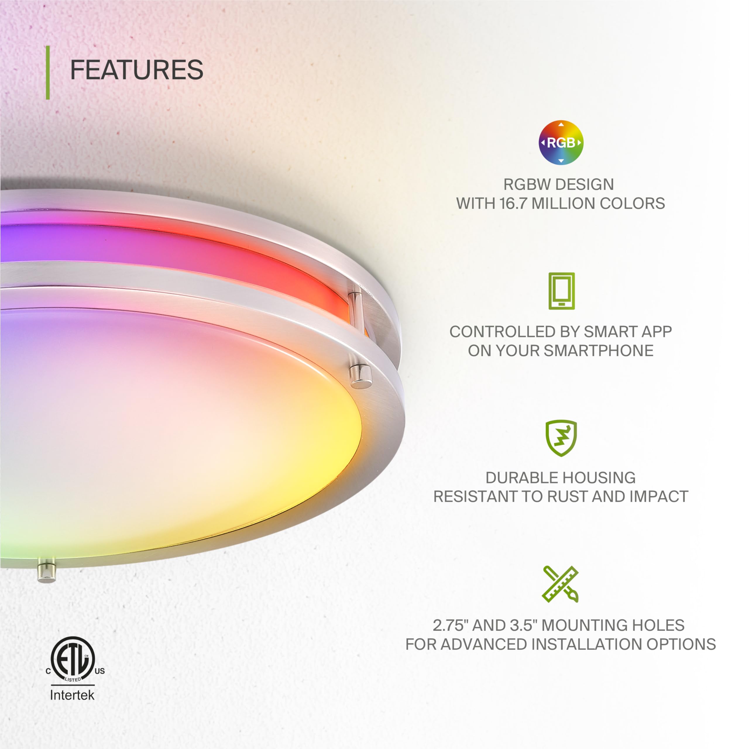 ASD 16 Inch LED Flush Mount Light Fixture, 24W RGB-2700K-6500K, Dimmable, Brushed Nickel, Model A-DR16D24S-R
