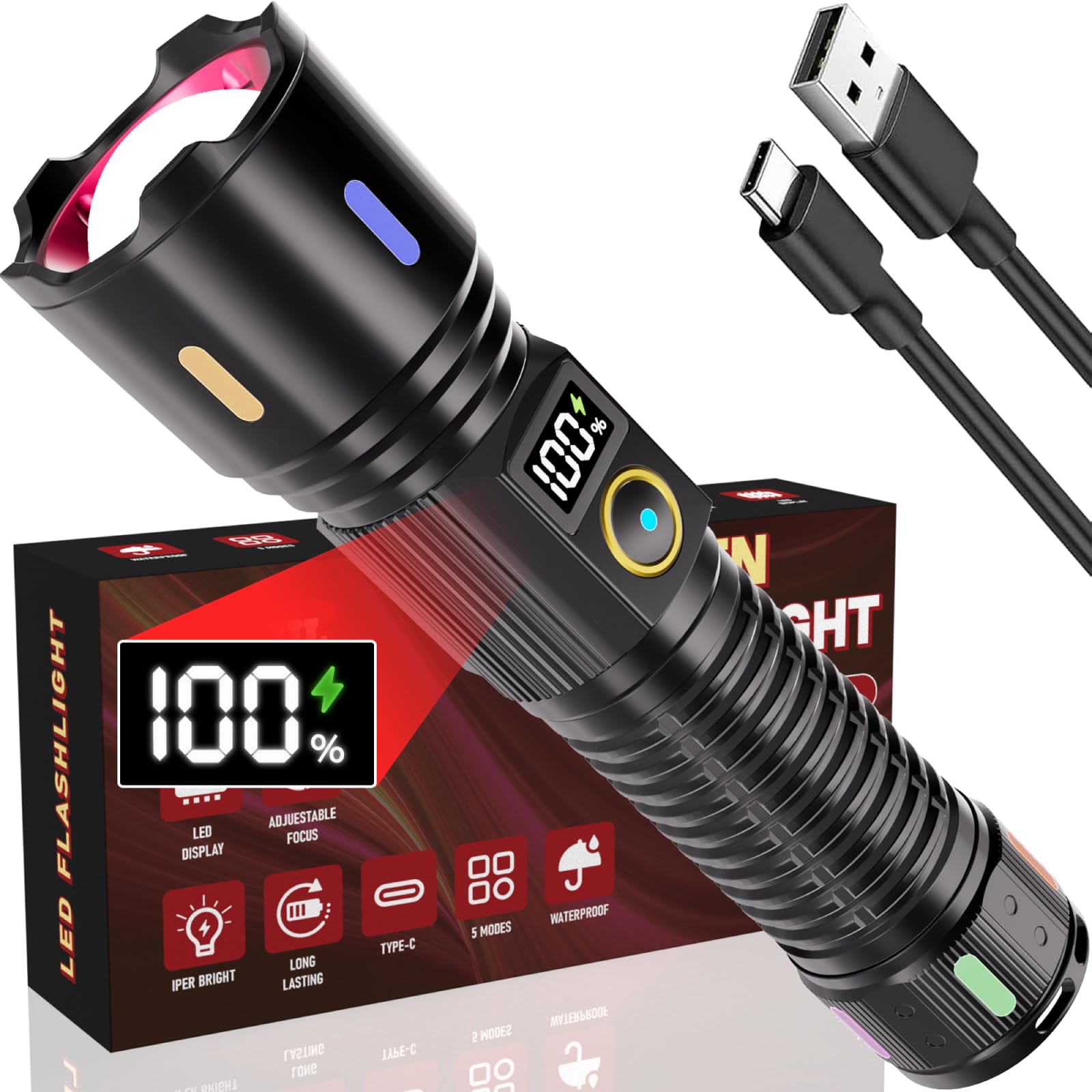 OLIARIL Rechargeable Flashlight 99000LM LED Tactical Black Aluminum Model X725
