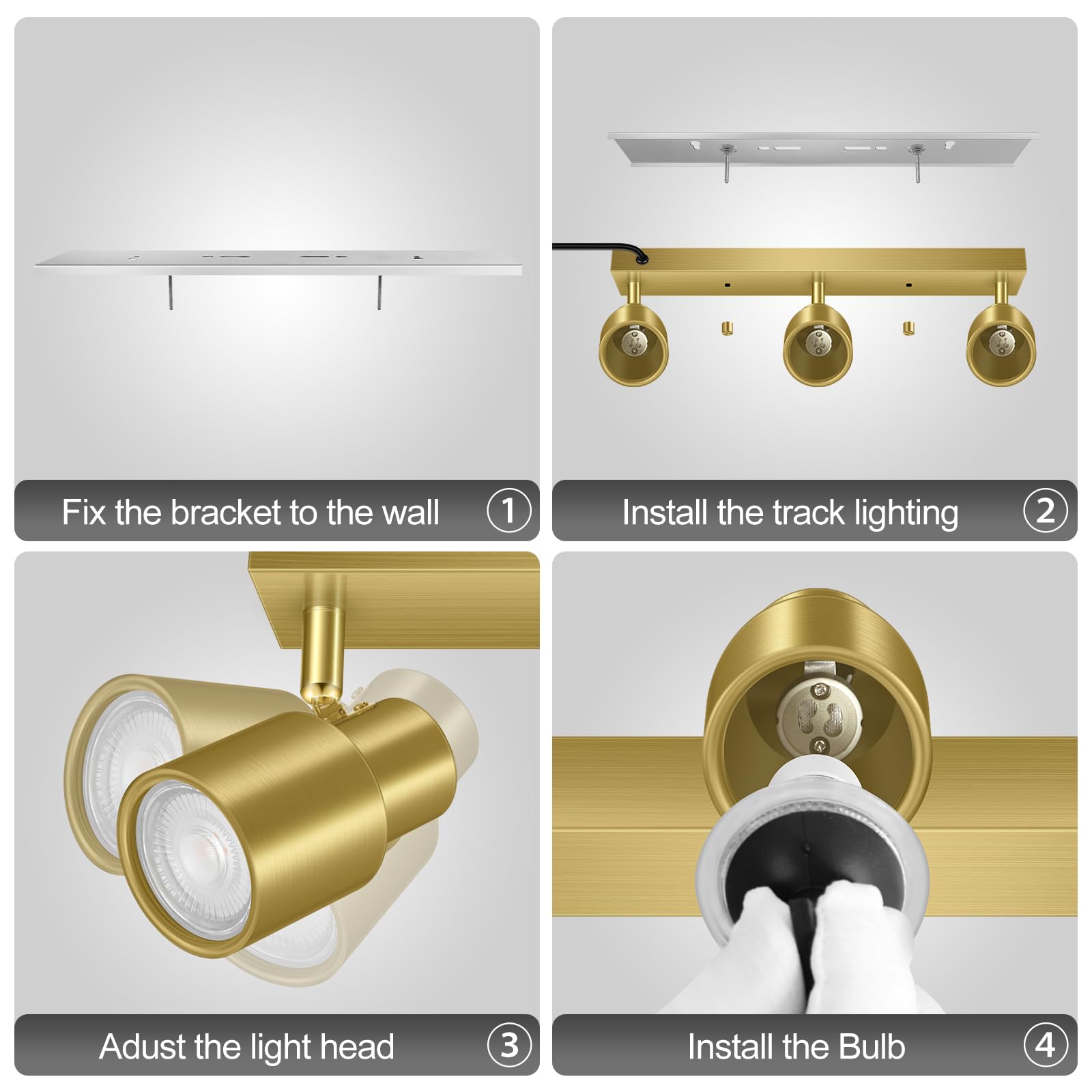 Plug-In Track Lighting Led, Track Light Fixtures Ceiling, Gold 3-Light Track Light For Kitchen, 3 Way Ceiling Spotlight, Rotatable Wall Mount Light Head For Bedroom Hallway, Bulb Not Included