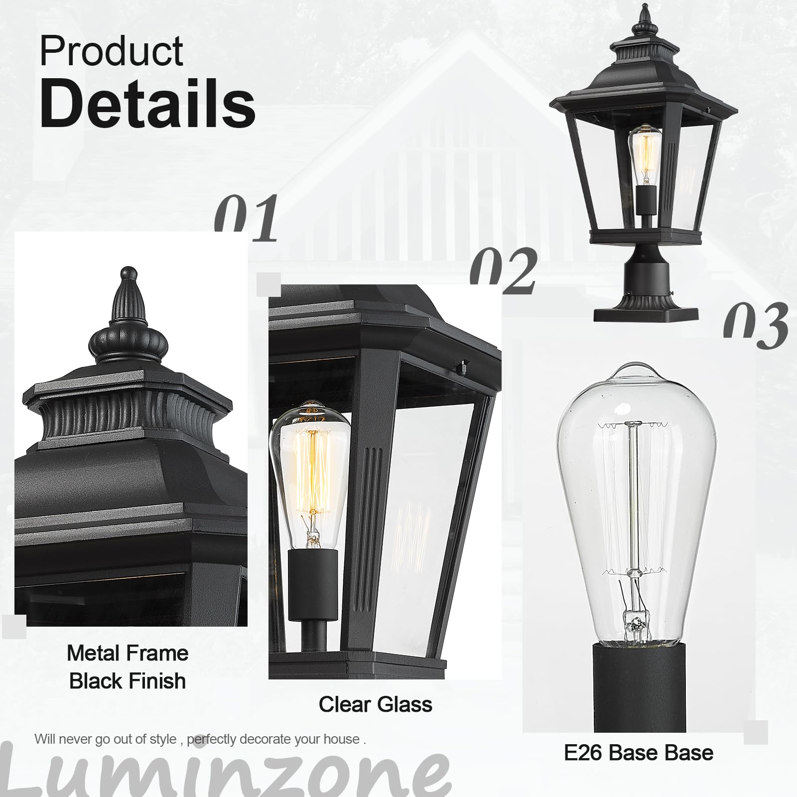 Luminzone 21'' Outdoor Post Light Fixture - Black Waterproof Aluminum For Pathway & Patio