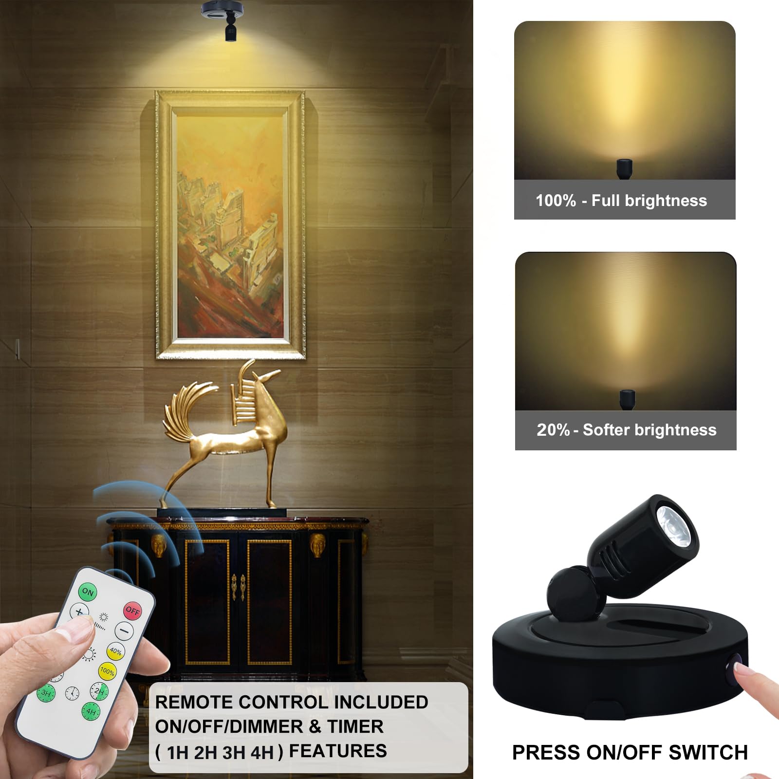 Hamvidne Battery Led Spotlight, Indoor Spotlights, Battery Powered Spot Lights With Remote, Up Lighting For Plants, Picture Ligh