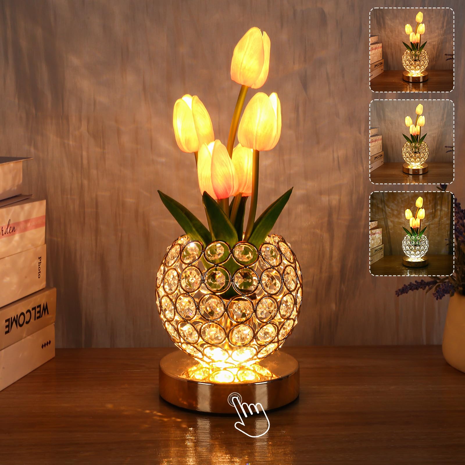 Birthday Gifts for Women/Mom Cordless Table Lamp, 3 Color Crystal Flower Bedside Lamps Infinitely Dimming with USB Charge Small 