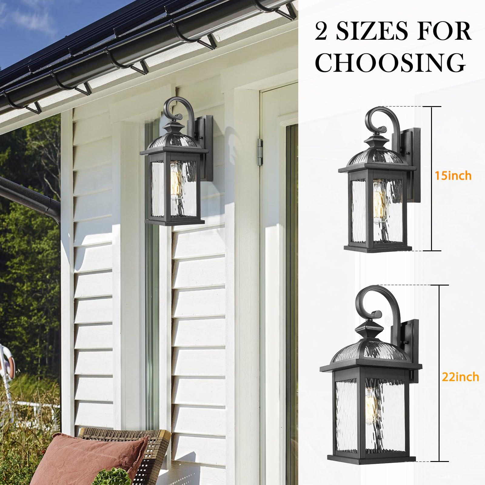 Darkaway Outdoor Wall Light Fixture - 15" Black Sconce with Water Ripple Glass for Porch, Hallway, Garage - Model 6D5B BK+SW