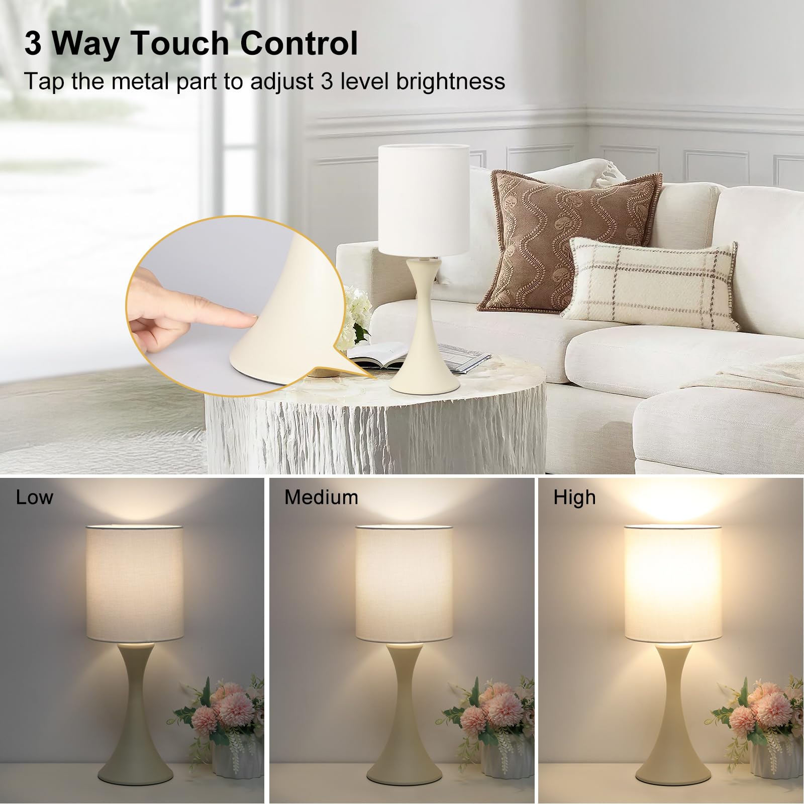 Dimmable Bedside Lamp, 3 Way Touch Control Table Lamp, Modern Nightstand Lamp With Beige Shade And Cream Base, Small Desk Lamp F