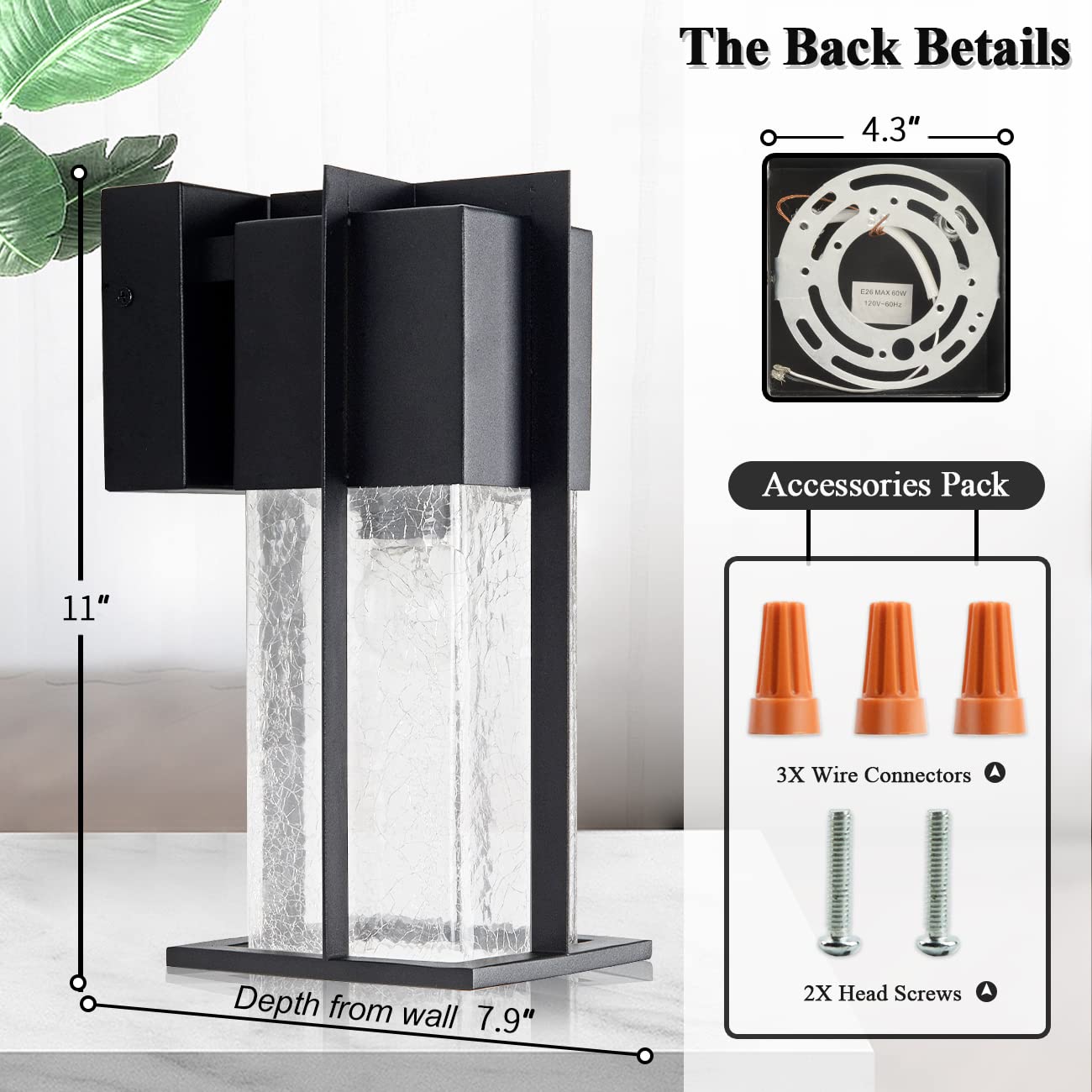 Zegolaer Outdoor Wall Light Fixtures With Crack-Like Glass Shade, Modern Outdoor Wall Sconce Exterior Light Fixture Ip65 Waterpr
