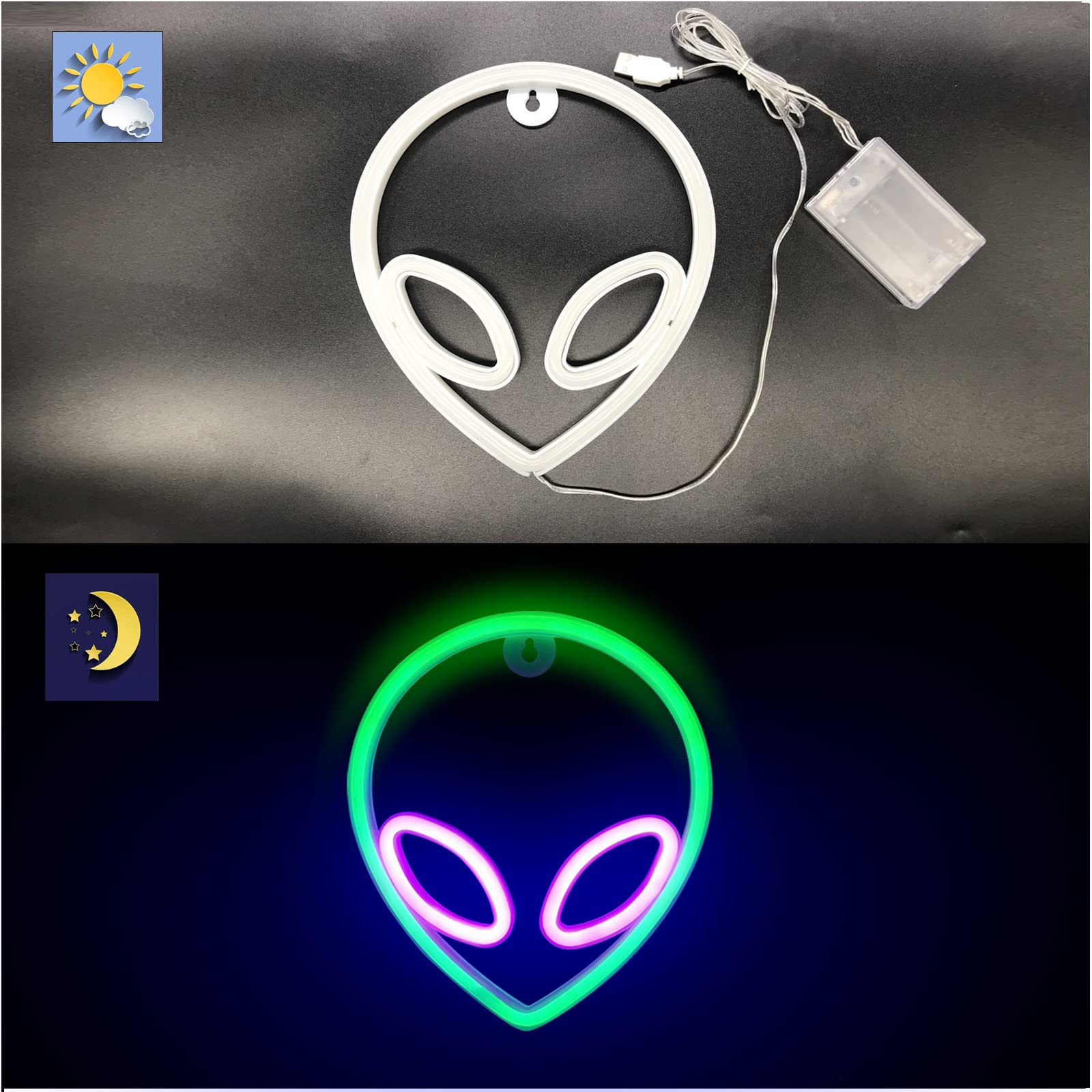 Nicethumb Alien Neon Sign - Led Light Up Wall Decor For Game Room, Bedroom, Bar, Party - Purple/Green