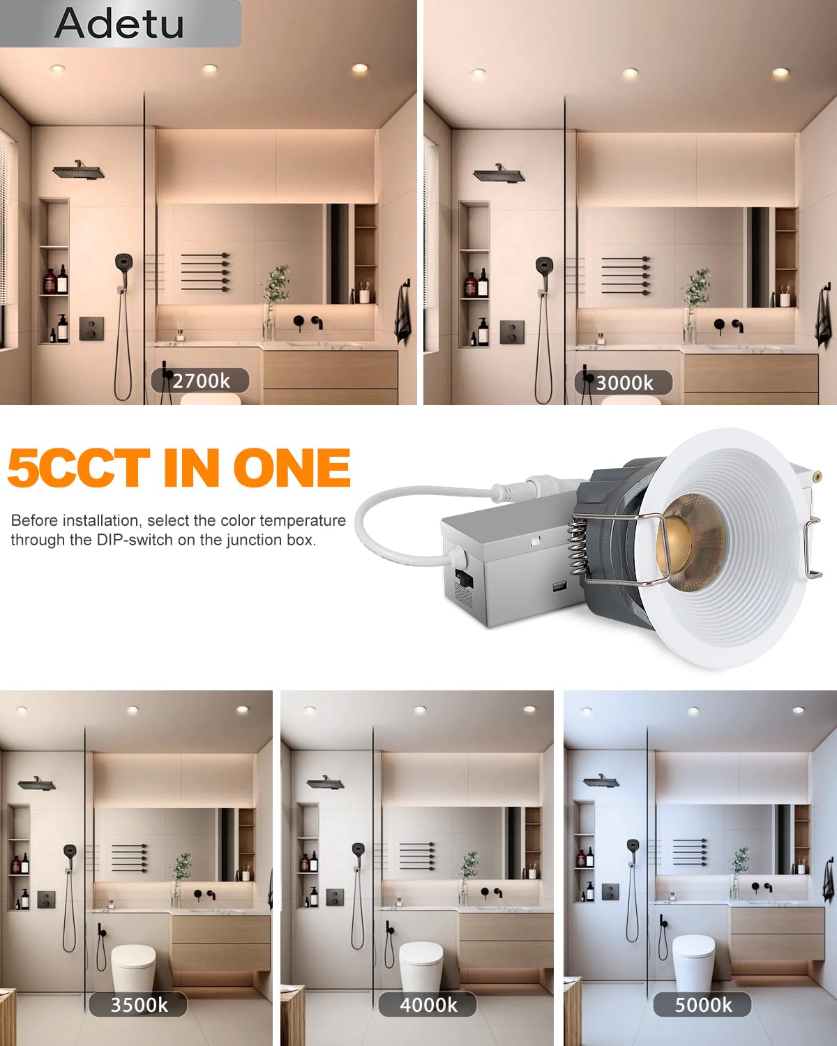 Adetu 2 Inch LED Recessed Ceiling Light, 5CCT Dimmable, 8W, 780LM, Aluminum, IP65 Waterproof, 6 Pack, White
