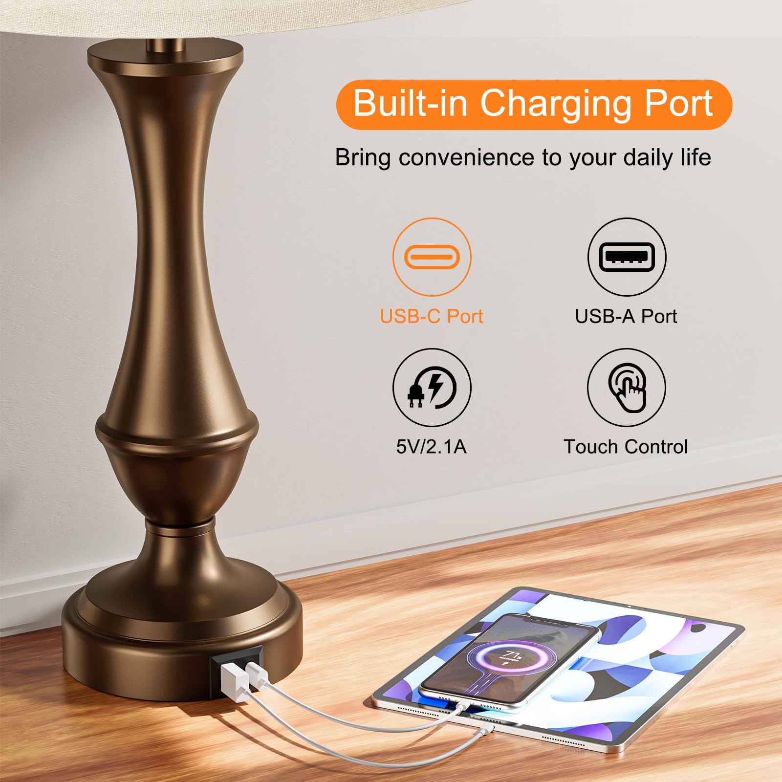 Seealle Upgraded Touch Lamps - Set of 2 Bedside Lamps with USB C+A, 3-Way Dimmable, Brown Shade & Base, Model 04078