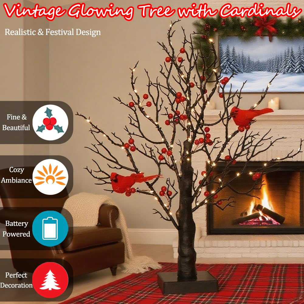 Vintage Glowing Tree With Cardinals  21In Led Vintage Glowing Tree  Battery Powered Led Twinkle Trees Lamp With Lighted Branches  For Christmas  Halloween  Thanksgiving  Home D?Cor (Red)