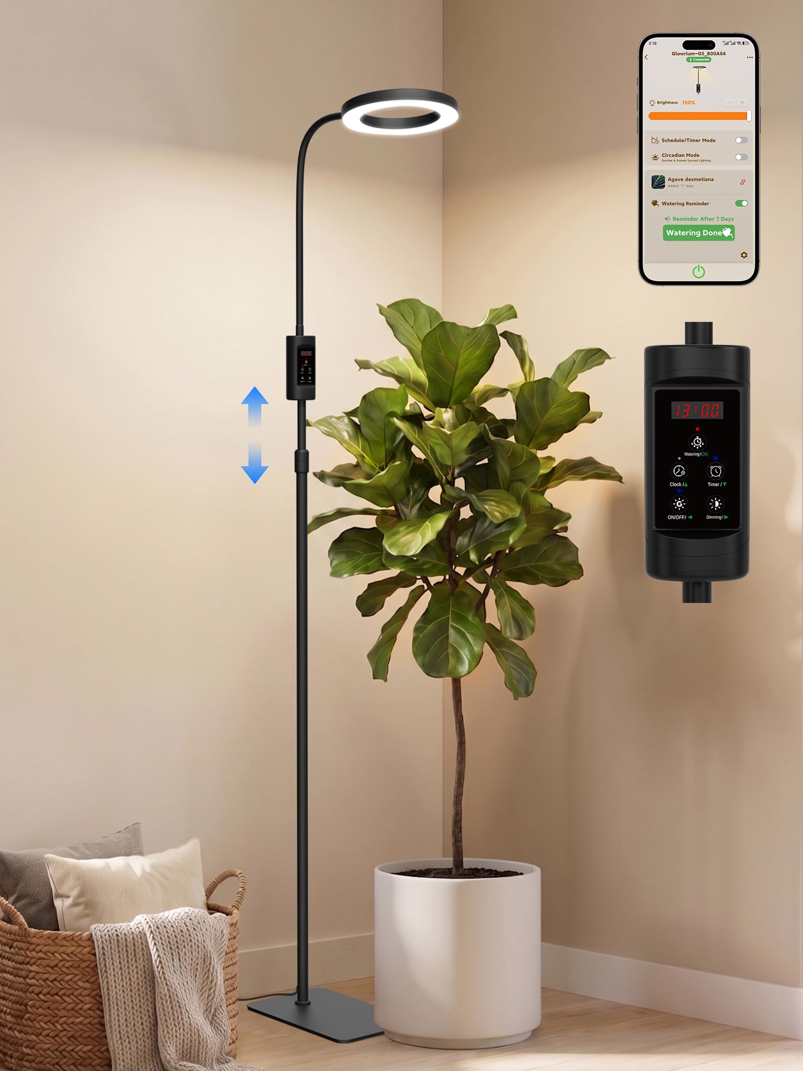 GLOWRIUM Smart Grow Lights for Indoor Plants, 24W Full Spectrum Plant Lights with Bluetooth App, Adjustable Height 47-70.9, Auto
