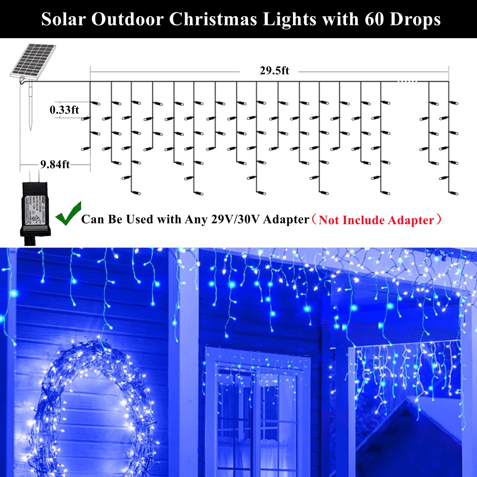 KiflyTooin Solar Christmas Lights Outdoor 320LED 29.5ft Waterproof Curtain Lights Blue GP-SW290DC0209