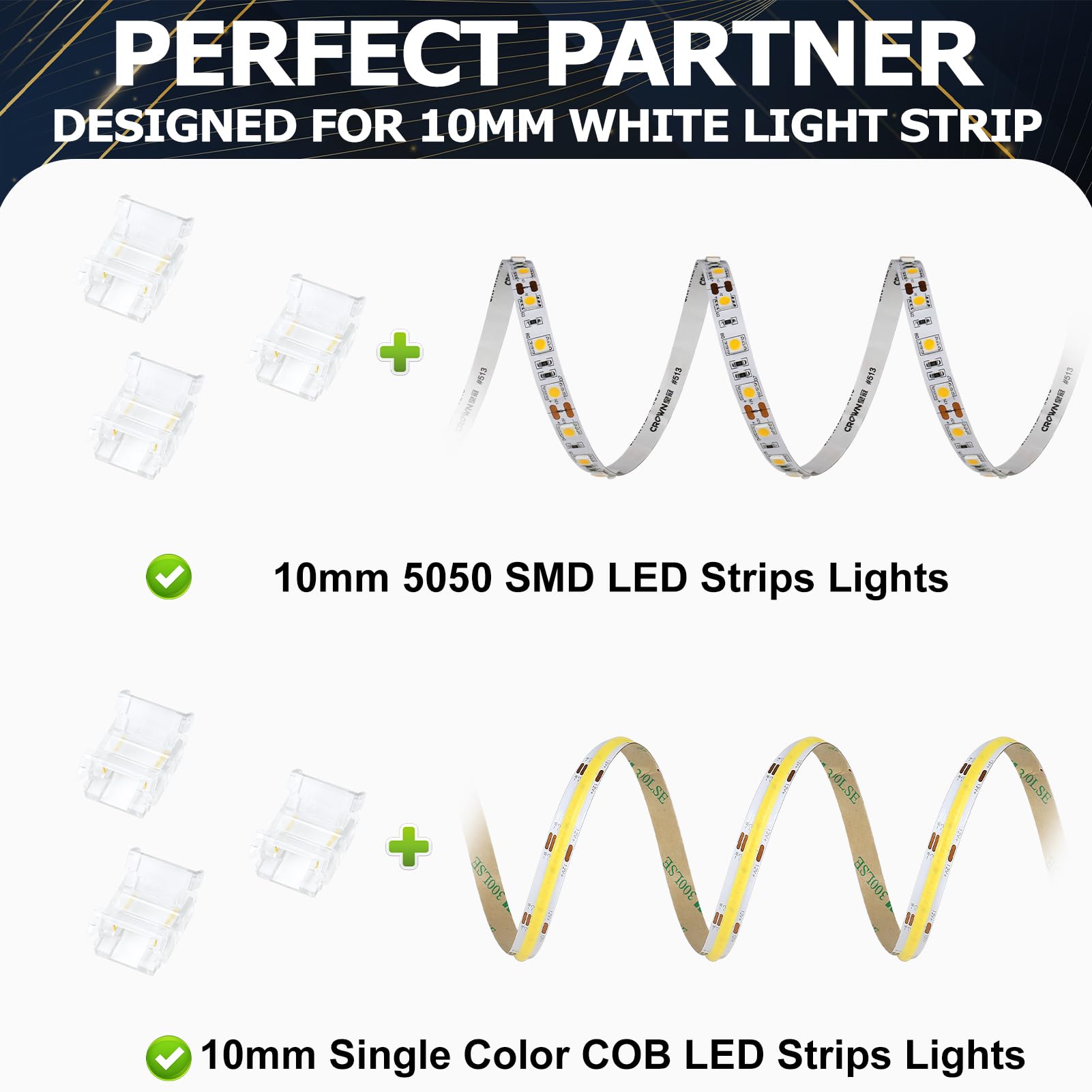 Lightingwill Led Connectors 2Pin 10Mm, 10 Pcs Strip To Wire Connector Transparent Solderless, Led Tape Light Connector No Dark A