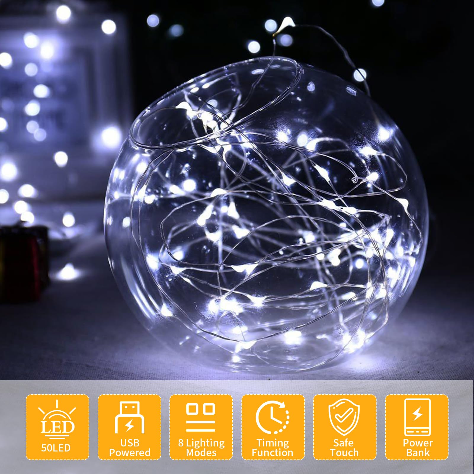 FWYWNL USB Fairy Light, 16ft 50 LED, Remote Control, Waterproof, 8 Modes, 1 Pac, White