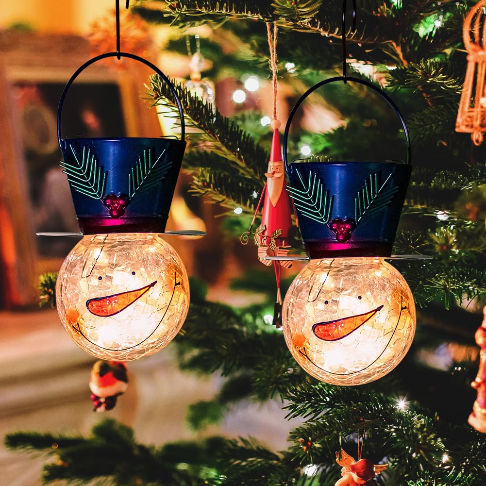 Starsoul Solar Lanterns 2 Pack - Waterproof Snowman Lights for Garden, Patio, Xmas Decor - Small Leaf Design