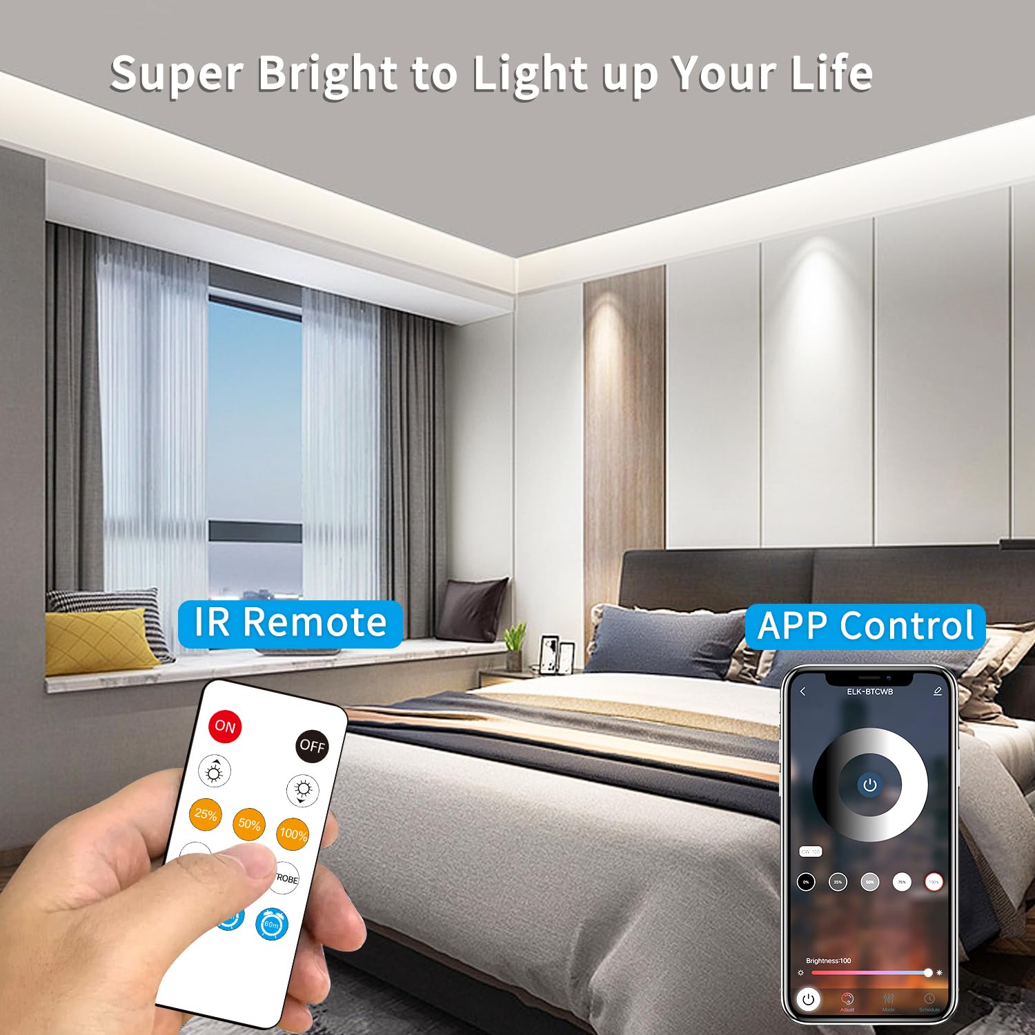 Yeewhale 100Ft Cob Led Strip Lights 6000K White Dimmable Dc 24V Flexible Led Tape Light For Bedroom, With Remote And App Control Led Light Strip,For Diy Home Decoration