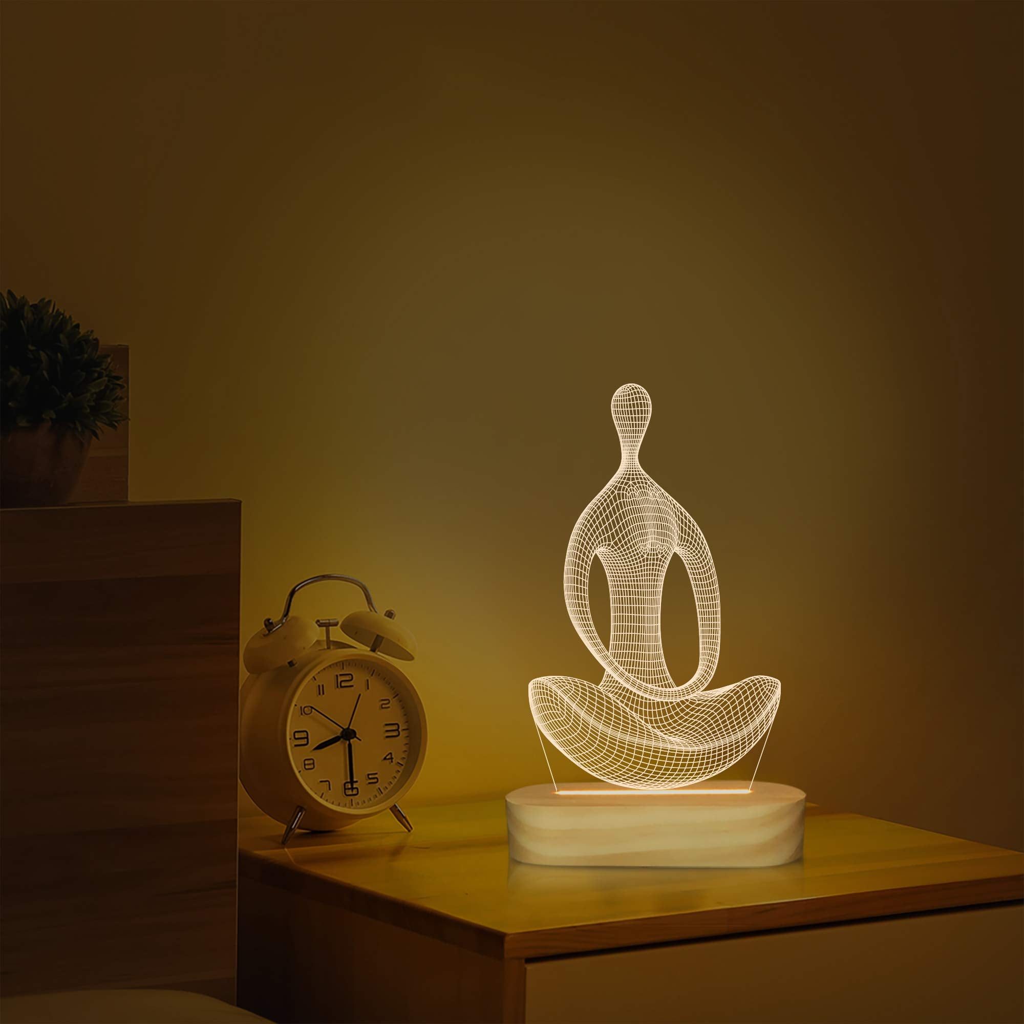 Lightzz Yoga Lamp - LED 3D Night Light for Meditation - Wood Base, Yellow - Model FS-XMX001-9999, Perfect Gift for Girls & Women