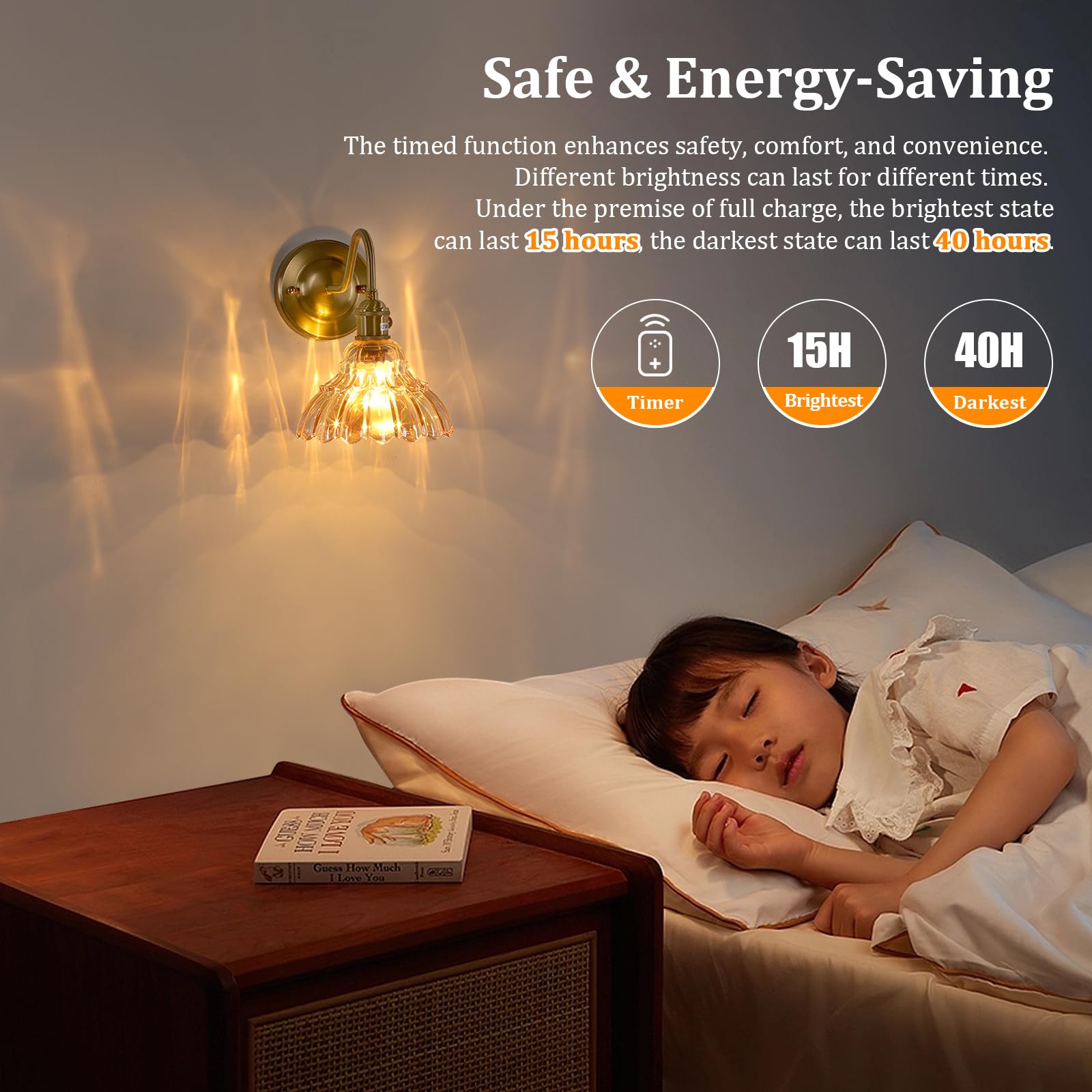 Shenmoyl Battery Operated Wall Sconce Set of 2, Vintage Amber Lily Glass Shade, Wireless Indoor Lamp, Model 1-93759-wlamp
