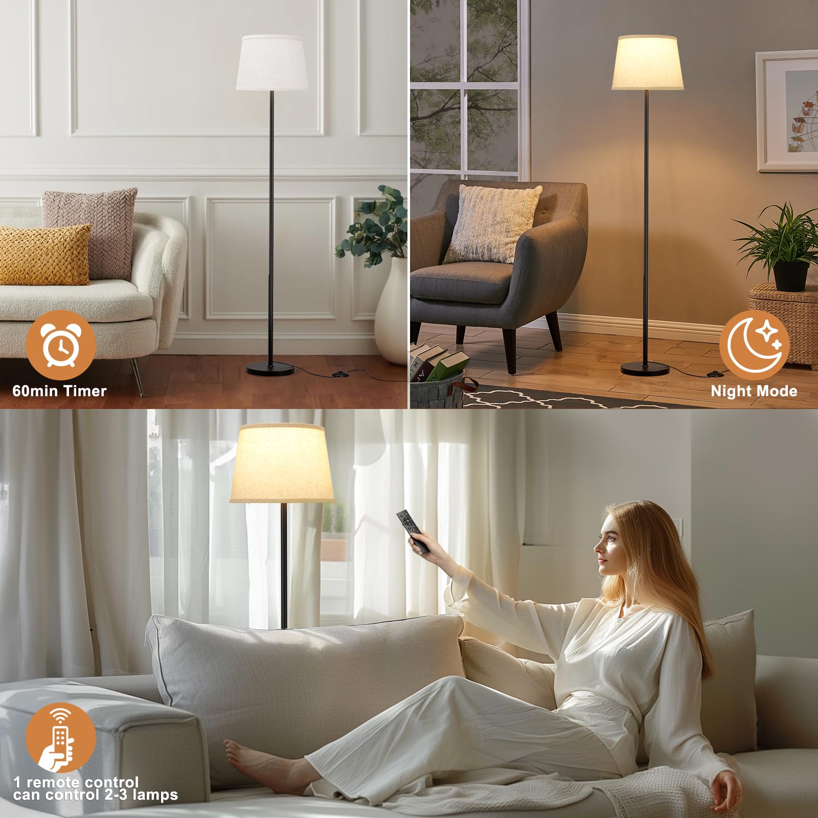 Raexpectis Modern Floor Lamp with Remote Control, Dimmable, Metal, Beige Shade