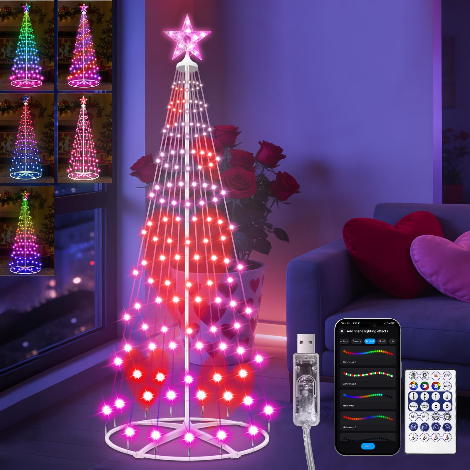 Forlivese 5FT Smart LED Cone Tree Light, USB Powered Valentines Day Lights with App & Remote, DIY, Color Changing, Music Sync, 