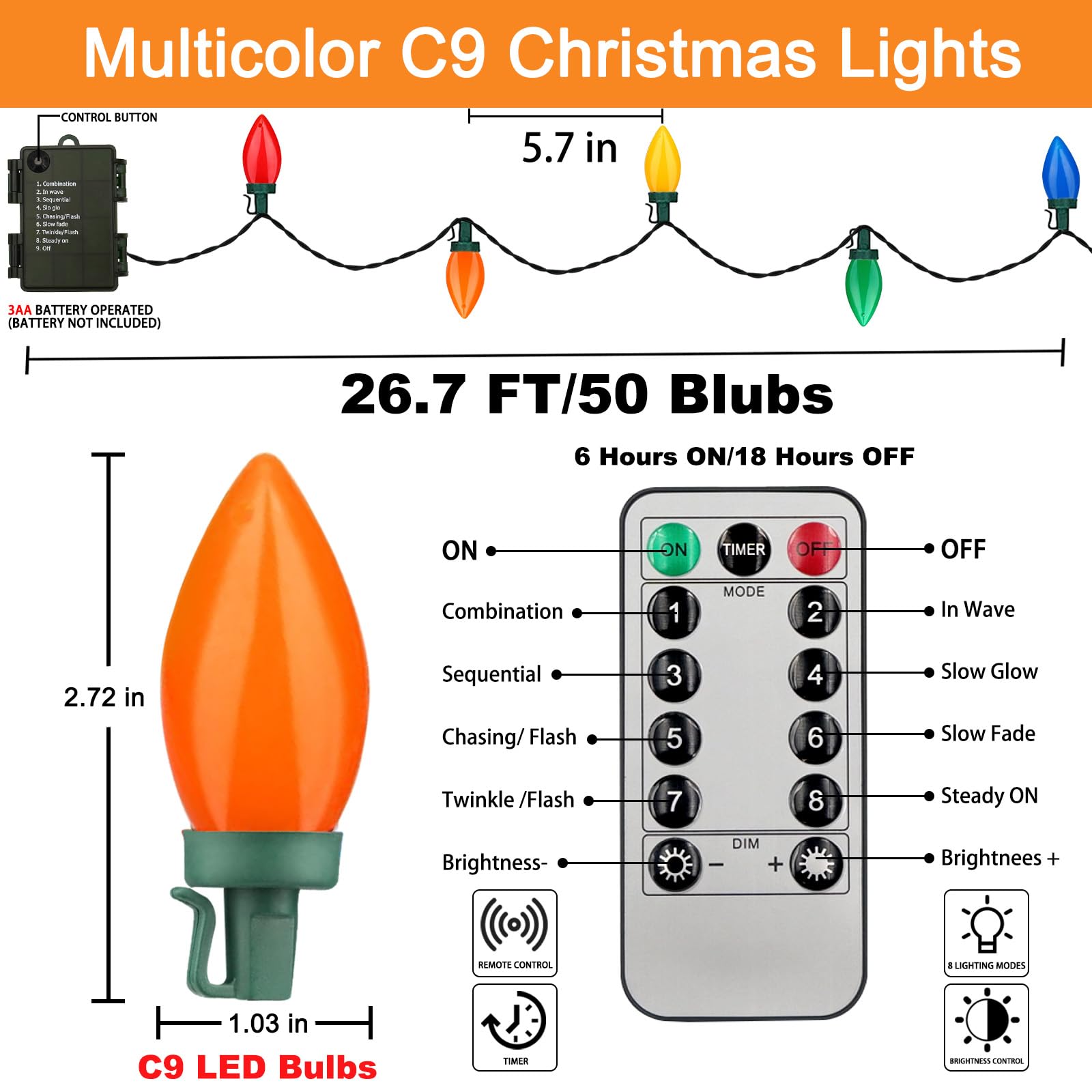 50 Led C9 Christmas Lights,26.5Ft C9 Christmas Lights Battery Operated C9 Christmas String Lights Timer 8 Lighting Modes For Indoor Outdoor Xmas Tree Garden Patio Party Christmas Decorations