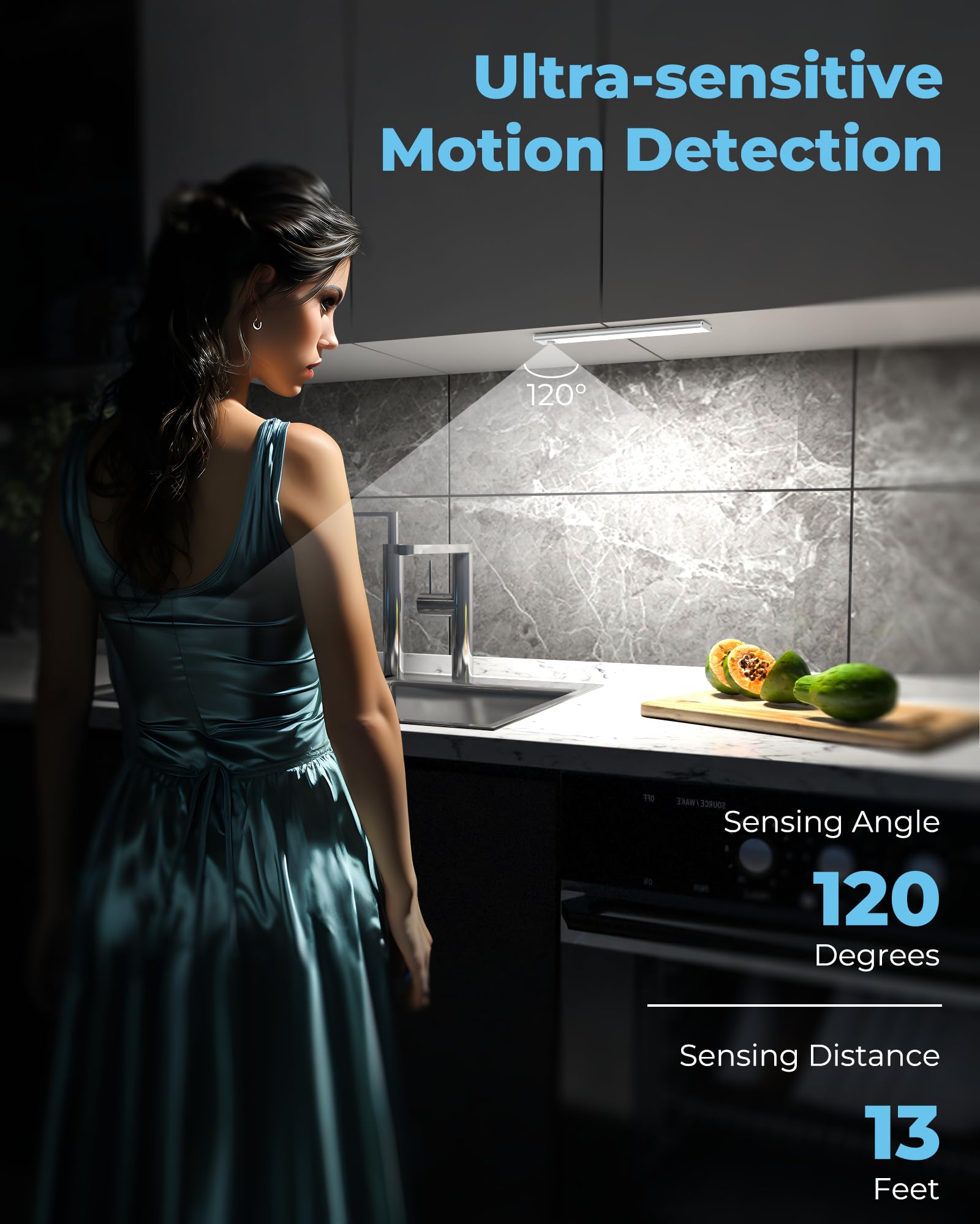 ASOKO Under Cabinet Lights Motion Sensor LED 3 Colors 12in Aluminum 3 Pack - Rechargeable Battery Operated Closet Lighting