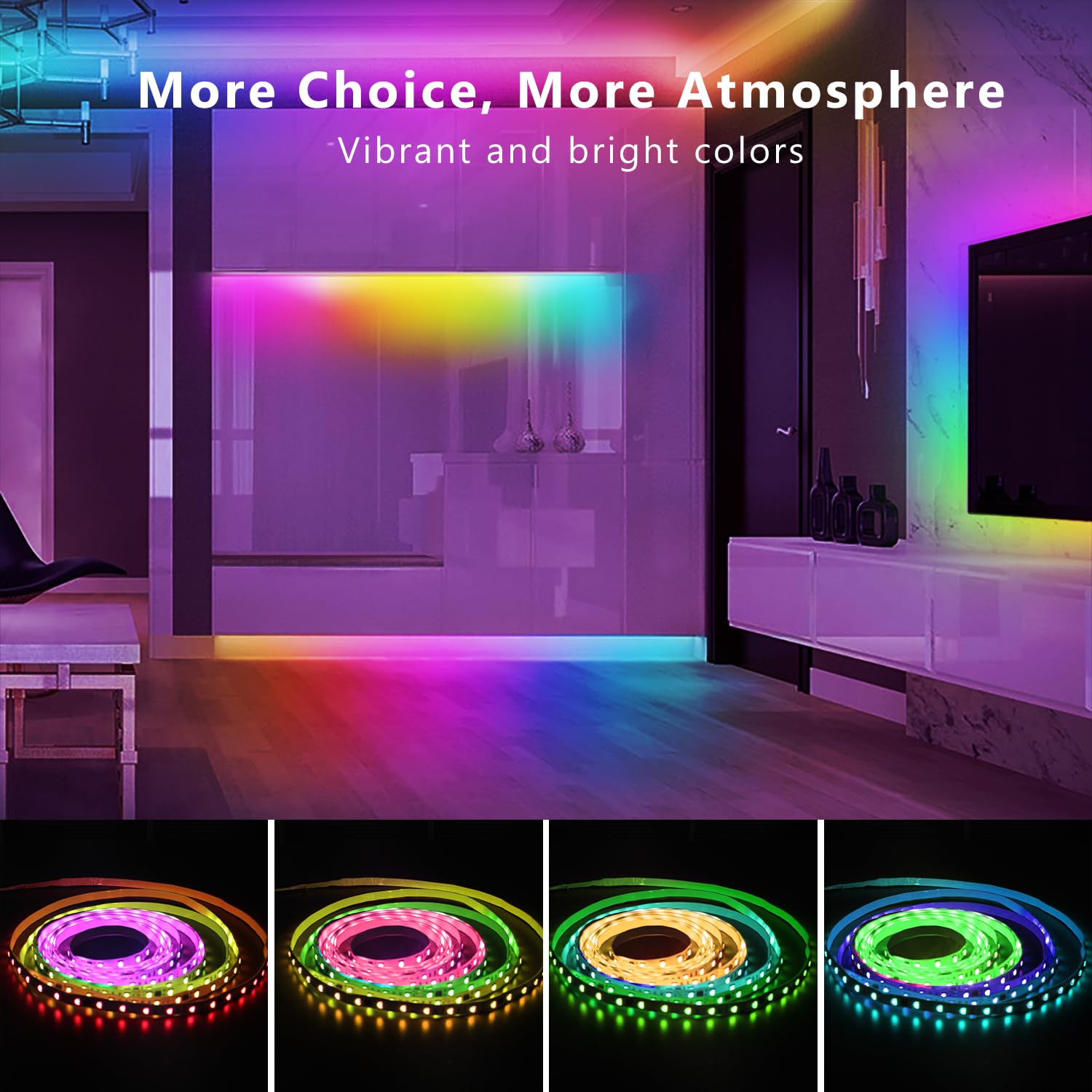 DAYBETTER Smart LED Strip Lights 100FT, BGRIC Color Changing, App Control, Music Sync for Home Decor, Model TC80113120HV219