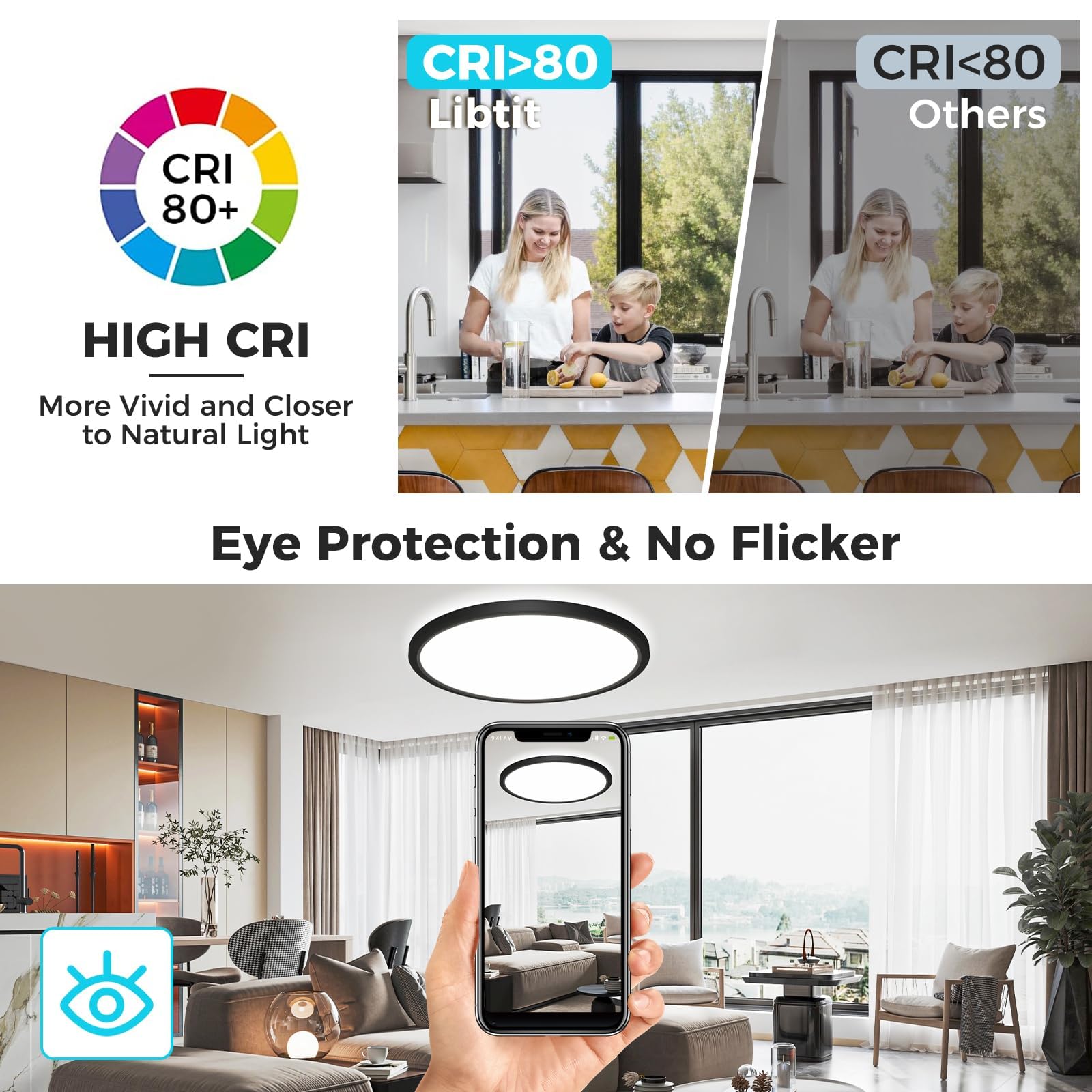 Libtit 13 Inch Led Round Flat Light, 28W 3200Lm 3000K/4500K/6000K Cct Selectable, Black Ceiling Light Surface Mount, Slim Ceilin